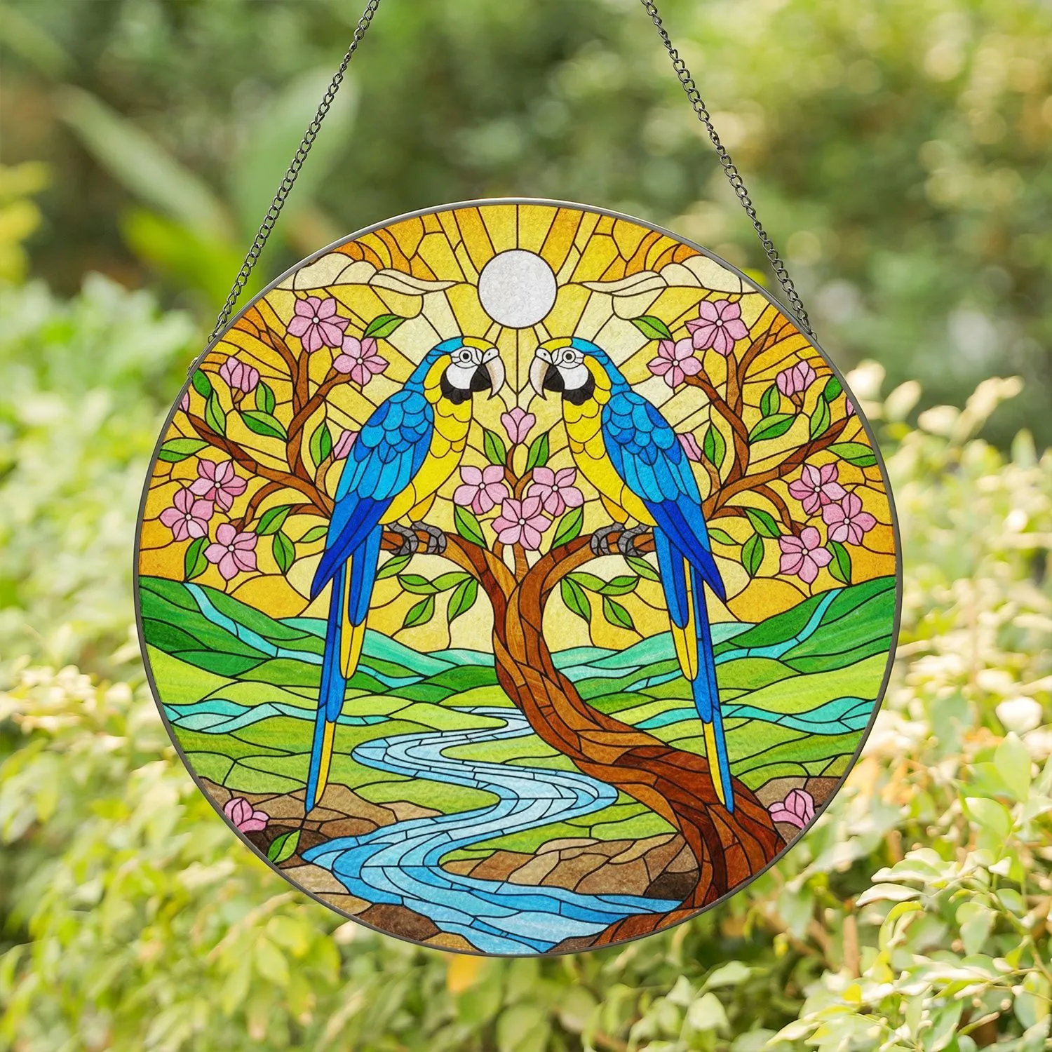 Macaws Stained Glass Tropical Landscape Tiffany Jewel Tones - Full Moon River Scene Stained Glass Suncatcher - 1