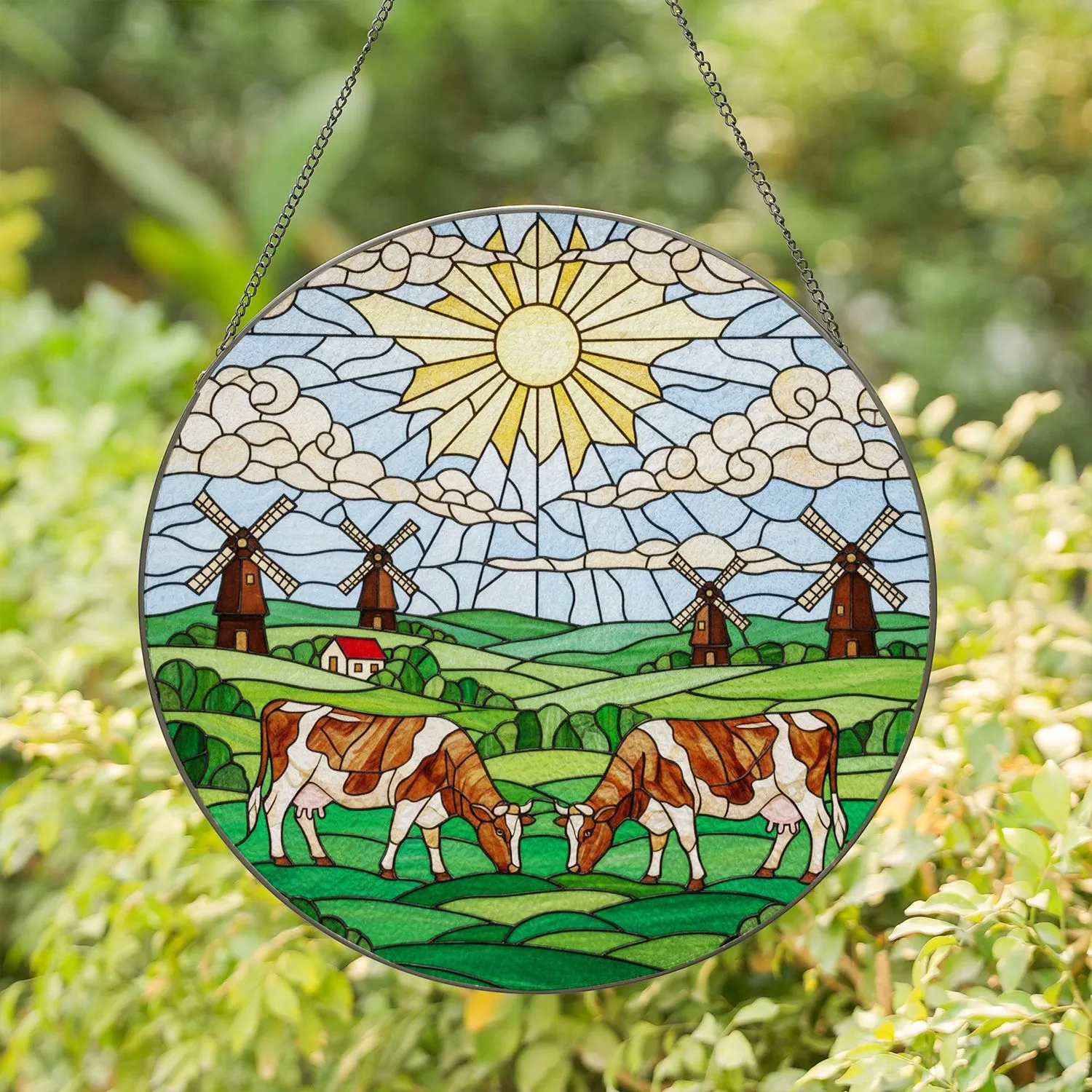 Brown White Patched Cows Grazing Lush Field Dutch Windmills Stained Glass Tiffany Art Stained Glass Suncatcher - 1