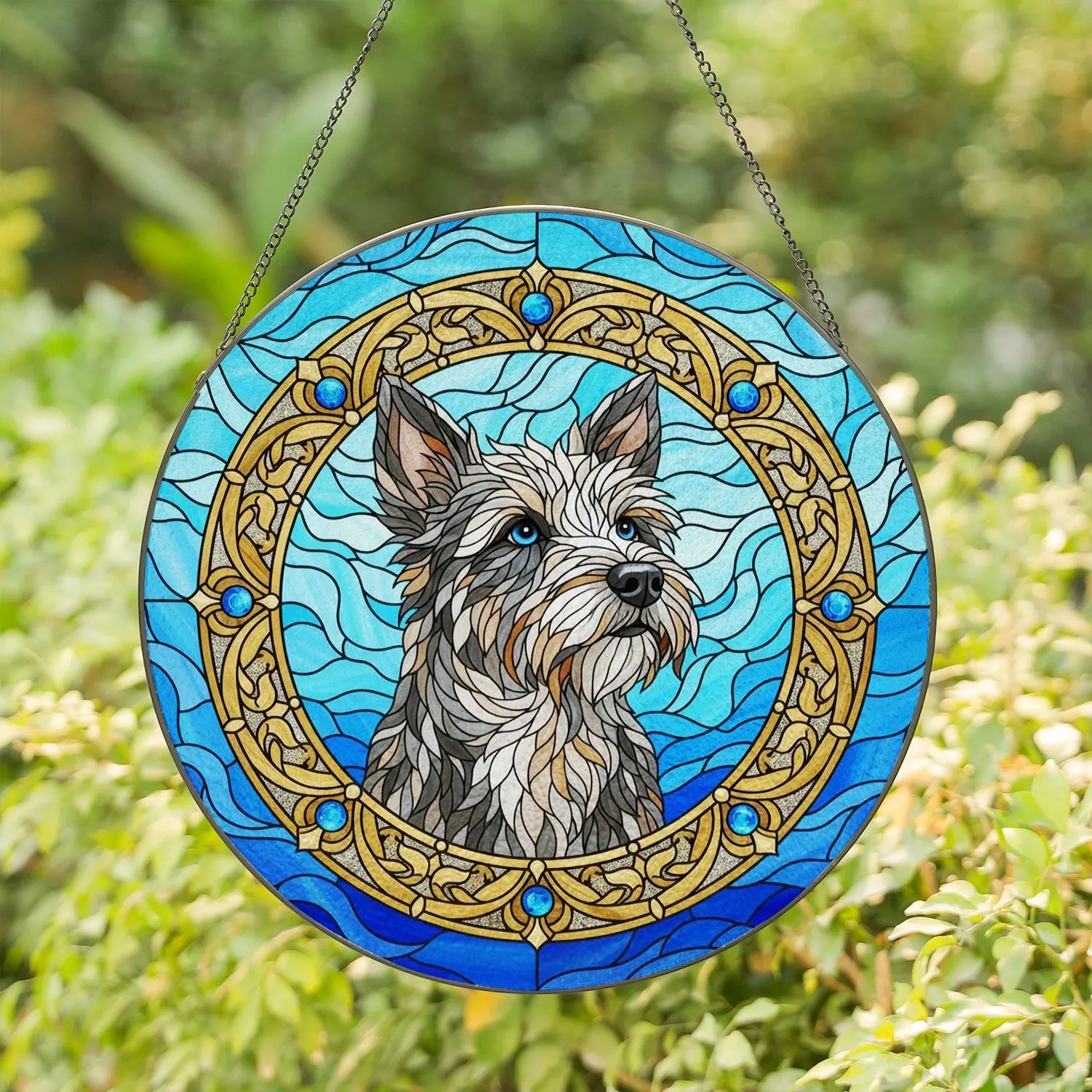 Shaggy Terrier Dog Stained Glass Mosaic - Ornate Frame Blue Swirls Pet Lover Gift Stained Glass Suncatcher - 1