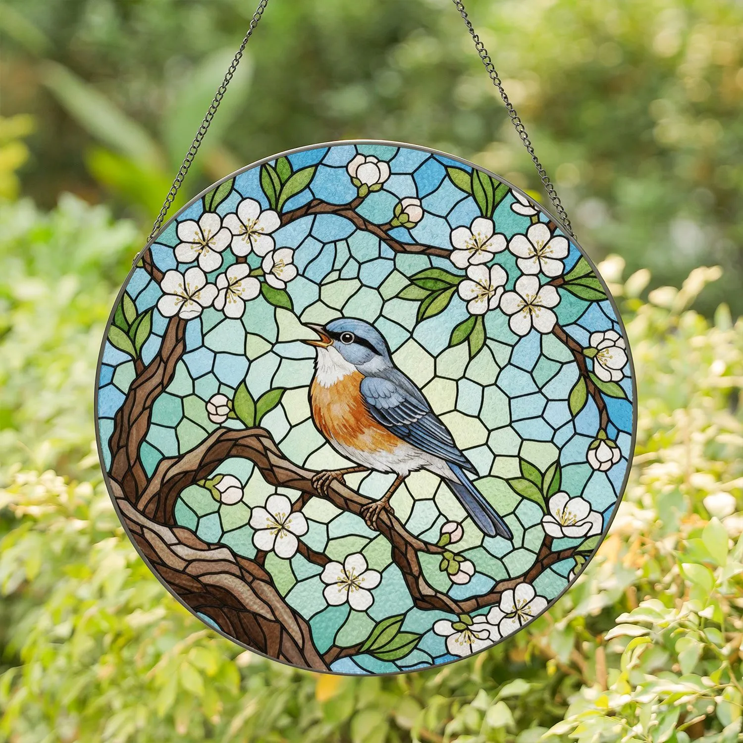 Colorful Translucent Singing Bird on Gnarled Branch Stained Glass Art - Tiffany Style Mosaic Flowers Stained Glass Suncatcher - 1