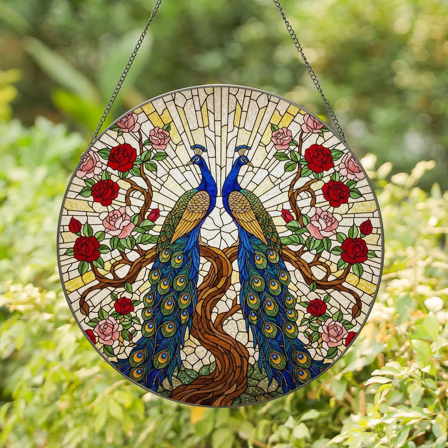 Regal Peacocks Stained Glass Art - Tiffany Style Tree Branch Roses Blooming Sky Mosaic Stained Glass Suncatcher - 1