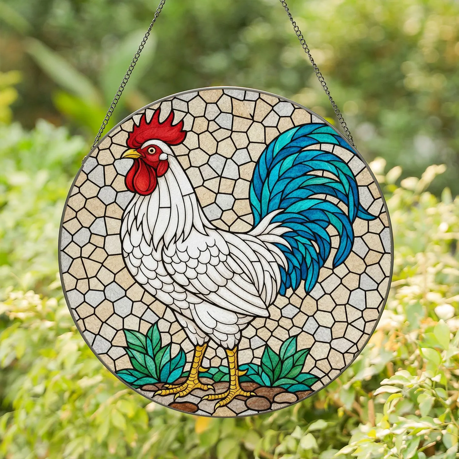 White Rooster Stained Glass Mosaic - Iridescent Tail Feathers & Frosted Background Stained Glass Suncatcher - 1