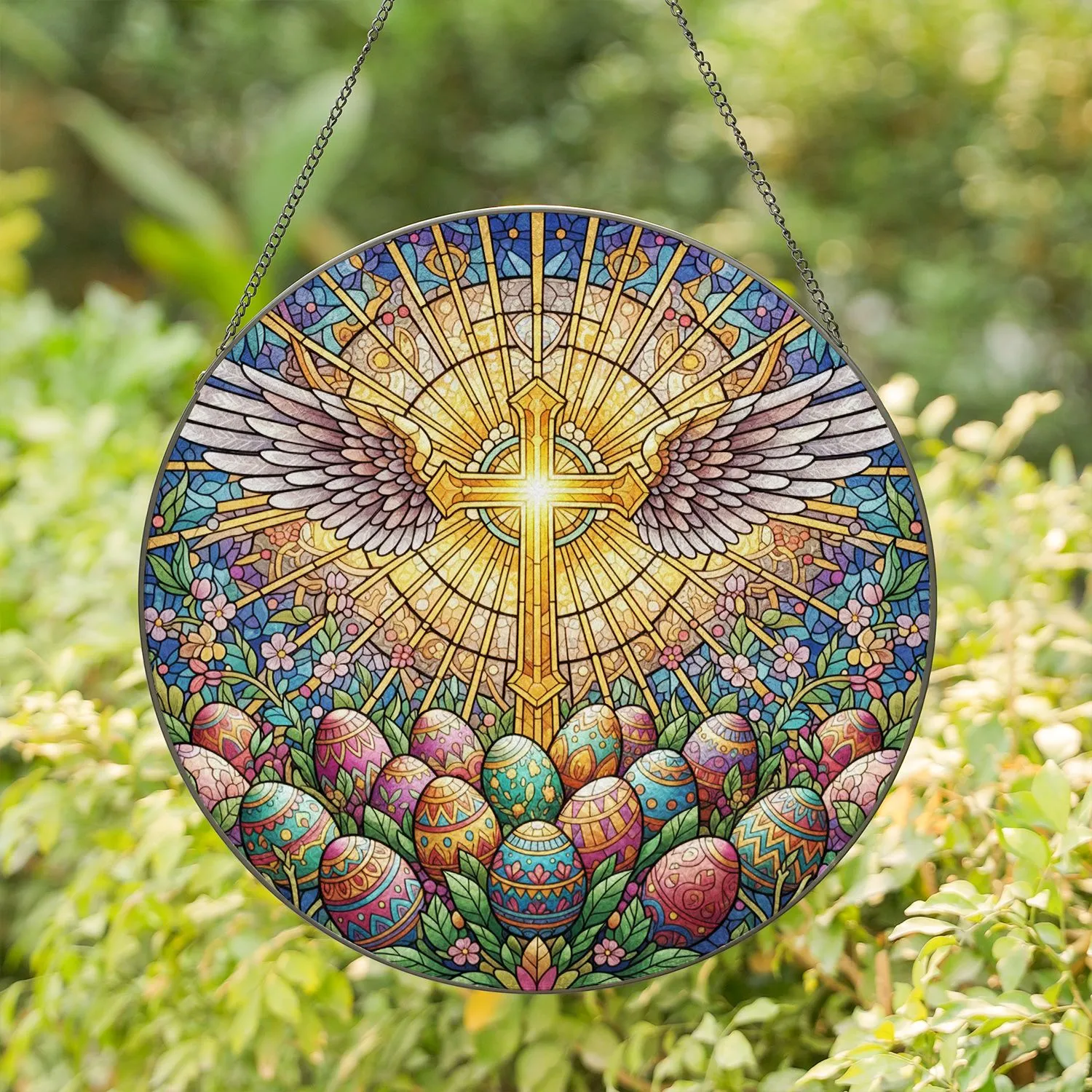 Radiant Golden Cross Feathery Wings Easter Eggs - Tiffany Stained Glass Mosaic Decor Stained Glass Suncatcher - 1
