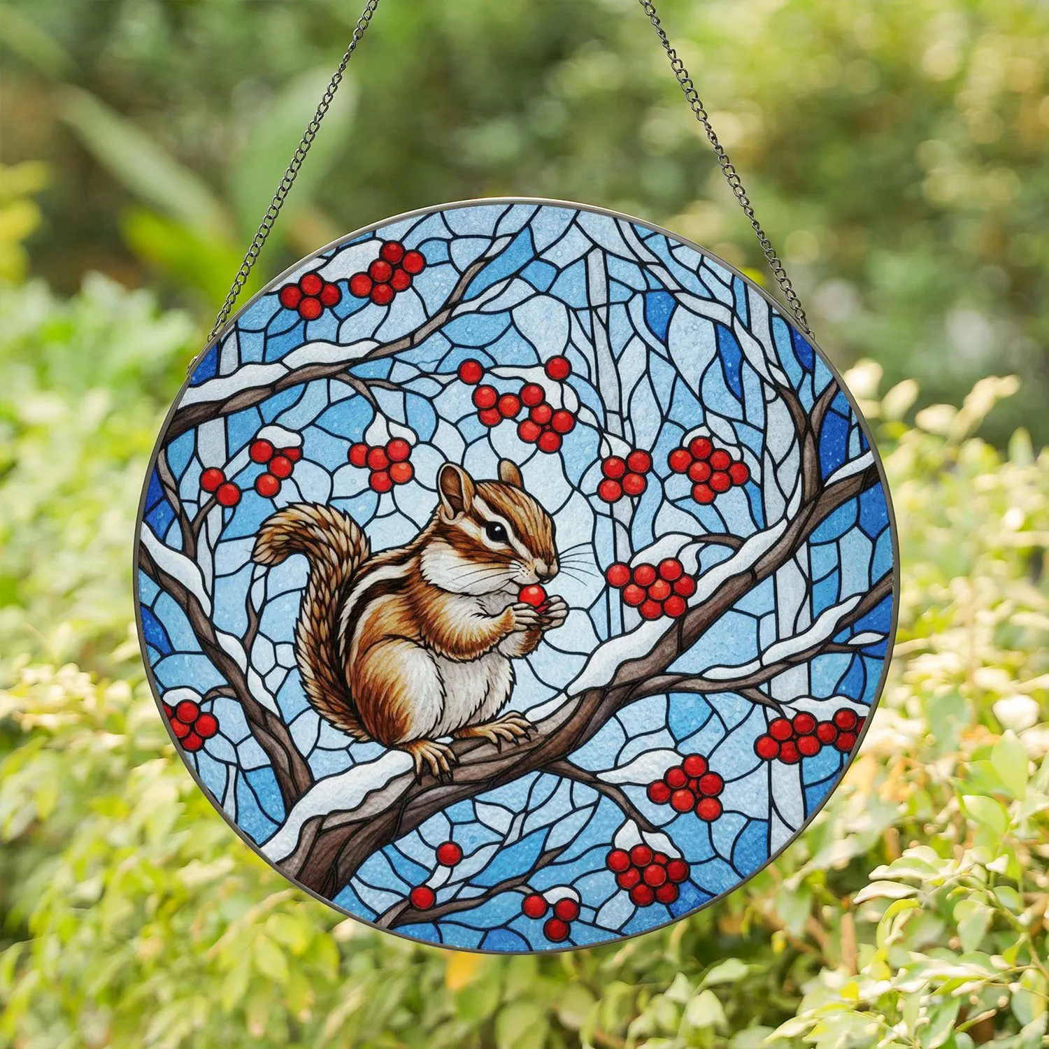 Stained Glass Chipmunk Red Berries Winter Tree Branch Mosaic Art Tiffany Glass Style Stained Glass Suncatcher - 1