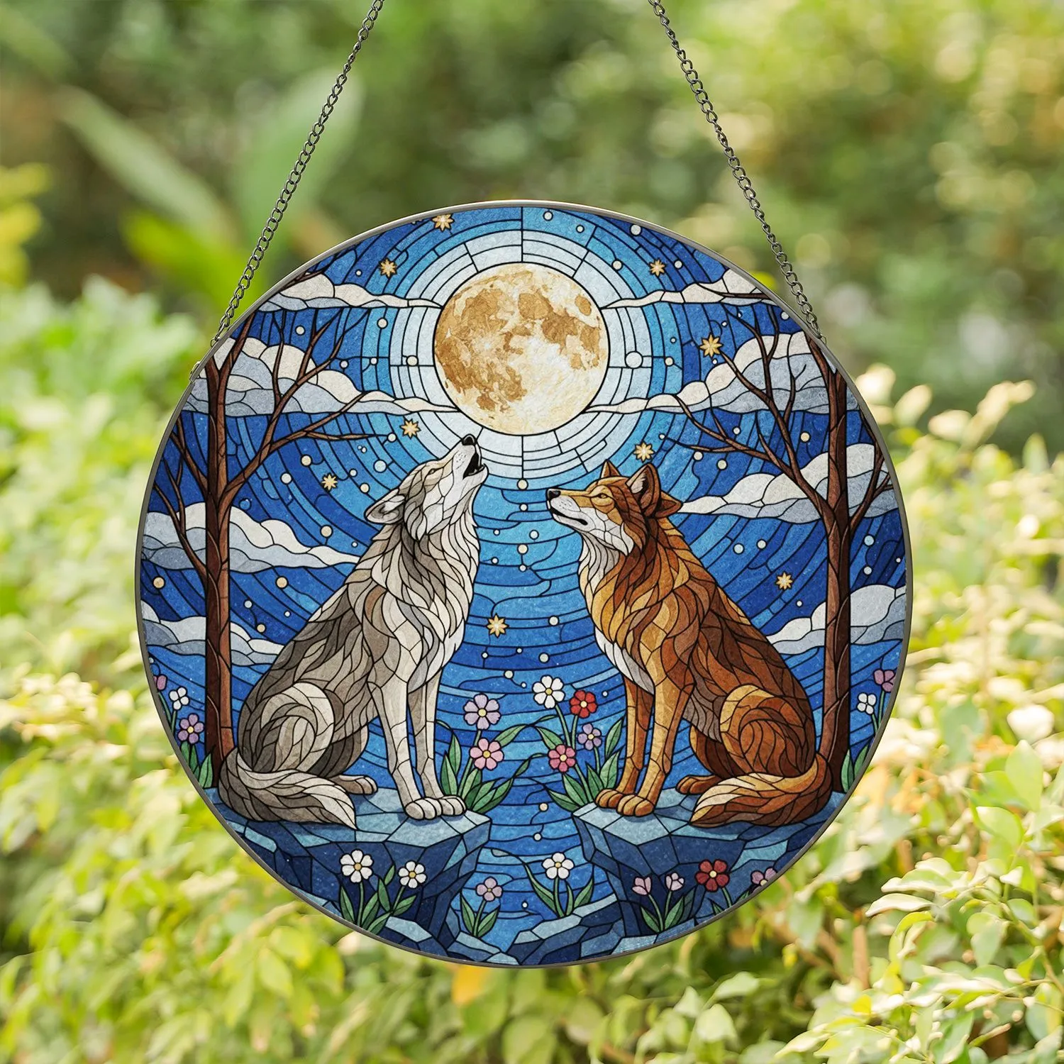 Wolves Howling Moon Stained Glass - Prominent Full Moon Night Sky Wildflowers Stained Glass Suncatcher - 1