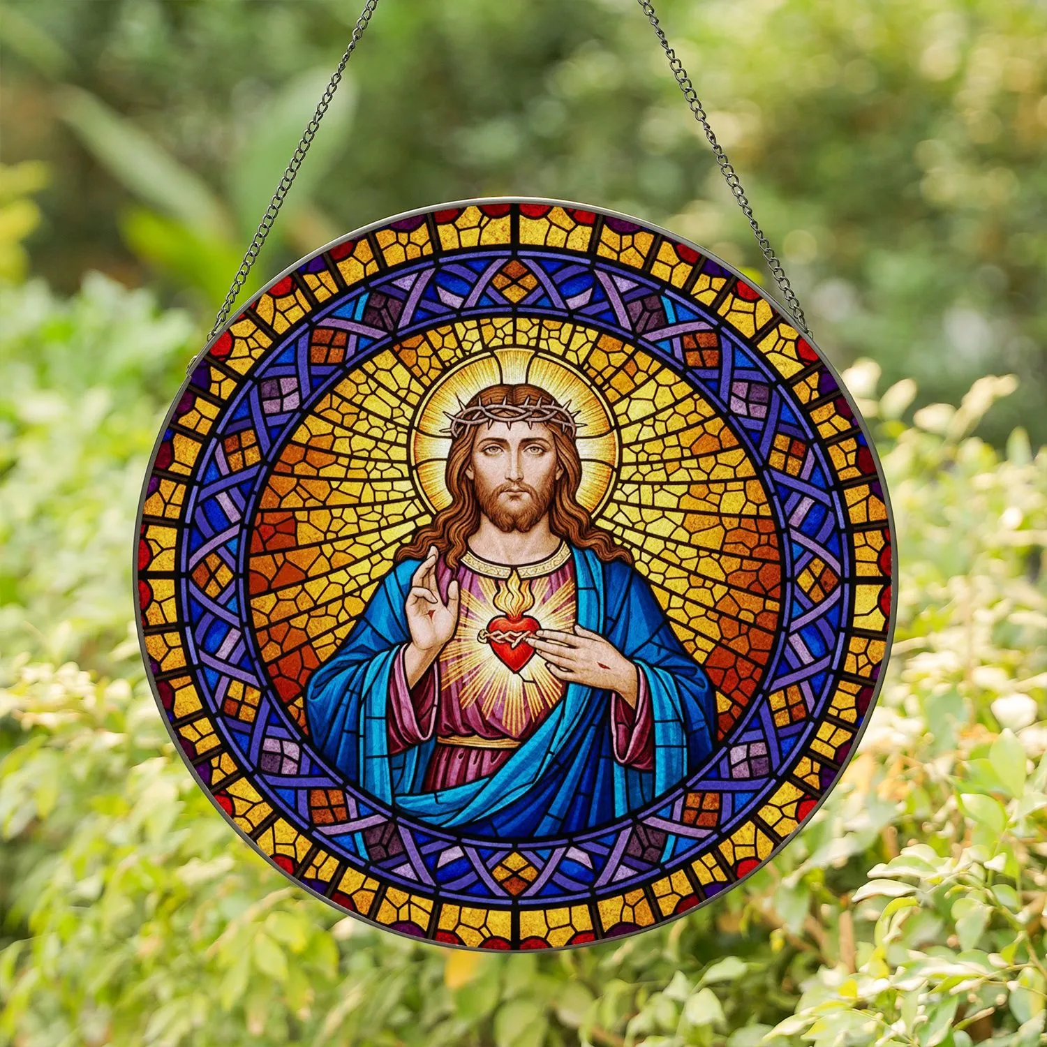 Jesus Christ Sacred Heart Crown of Thorns Stained Glass - Radiant Halo Christian Gift Stained Glass Suncatcher - 1