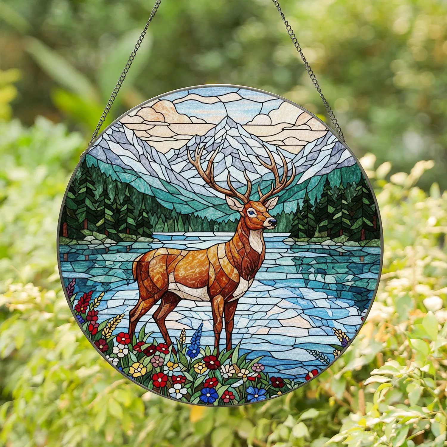 Majestic Stag Antlers Lake Wildflowers Snow Mountains Pine Forest Tiffany Glass Art Stained Glass Suncatcher - 1