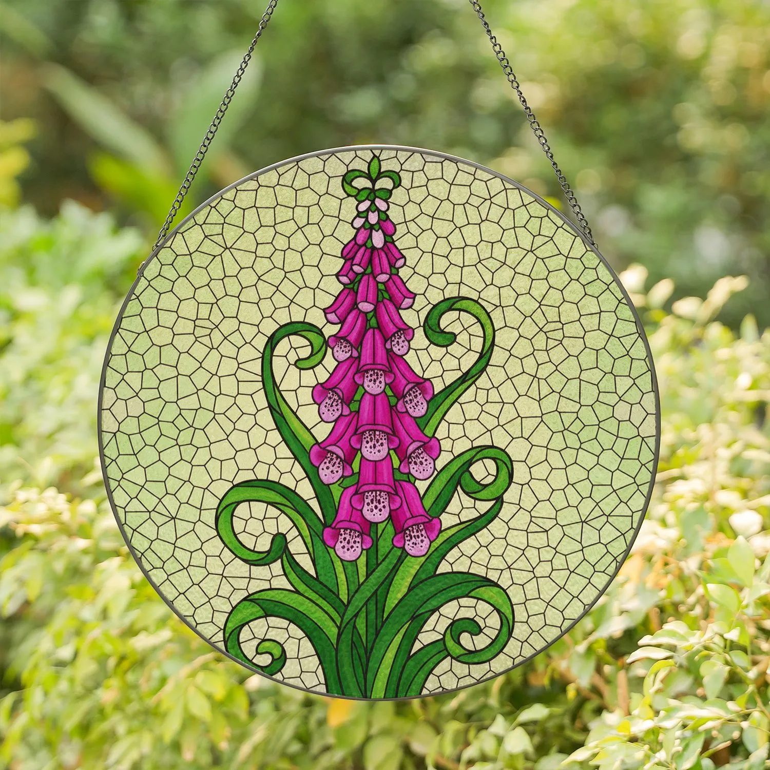 Pink Magenta Foxglove Flowers Stained Glass Mosaic Art - Tiffany Style Jewel Tone Floral Design Stained Glass Suncatcher - 1