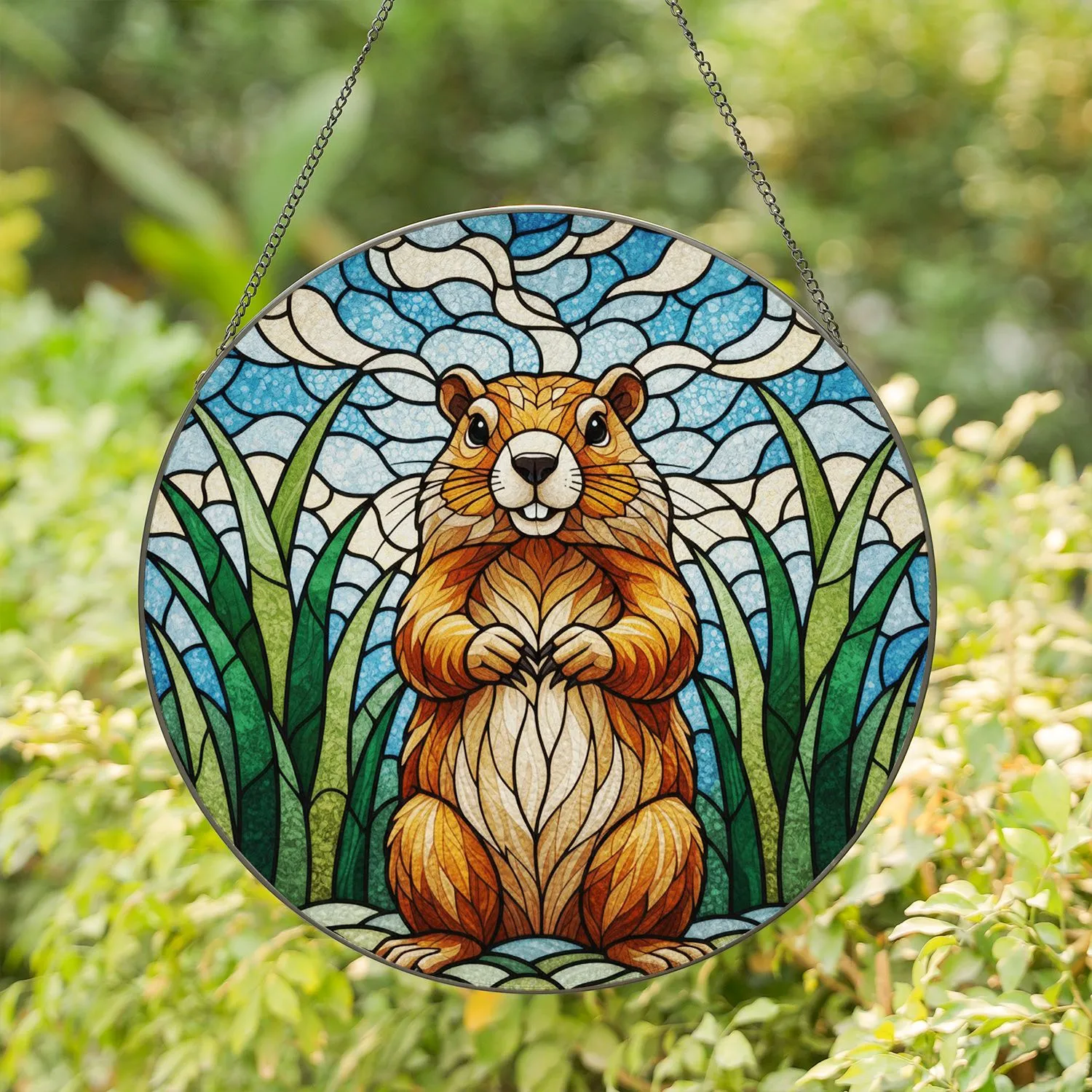 Cute Upright Groundhog Stained Glass Art - Tiffany Style Jewel Tone Mosaic Nature Decor Gift Stained Glass Suncatcher - 1