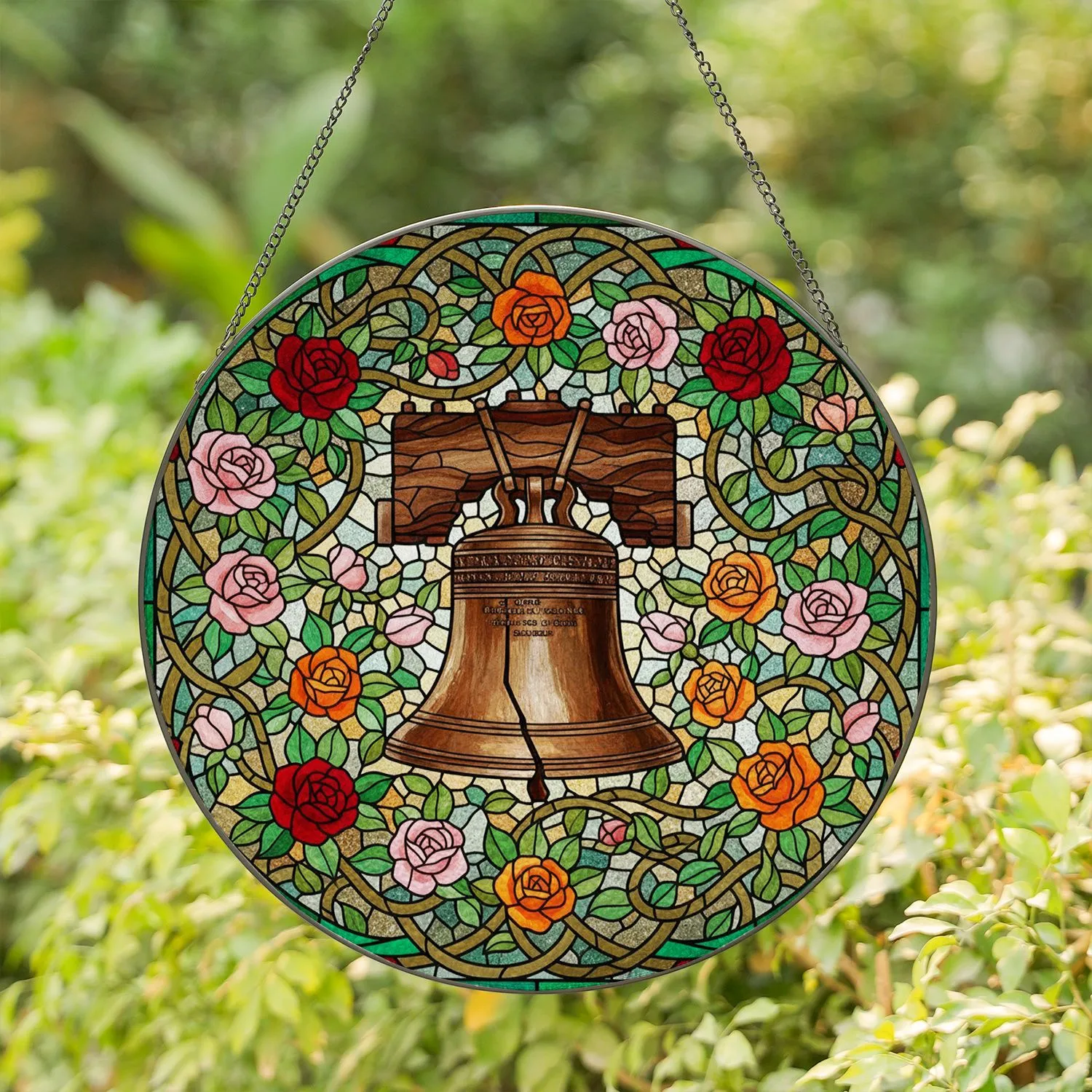 Liberty Bell Stained Glass Rose Vine Mosaic - Tiffany Style Patriotic Decor Stained Glass Suncatcher - 1