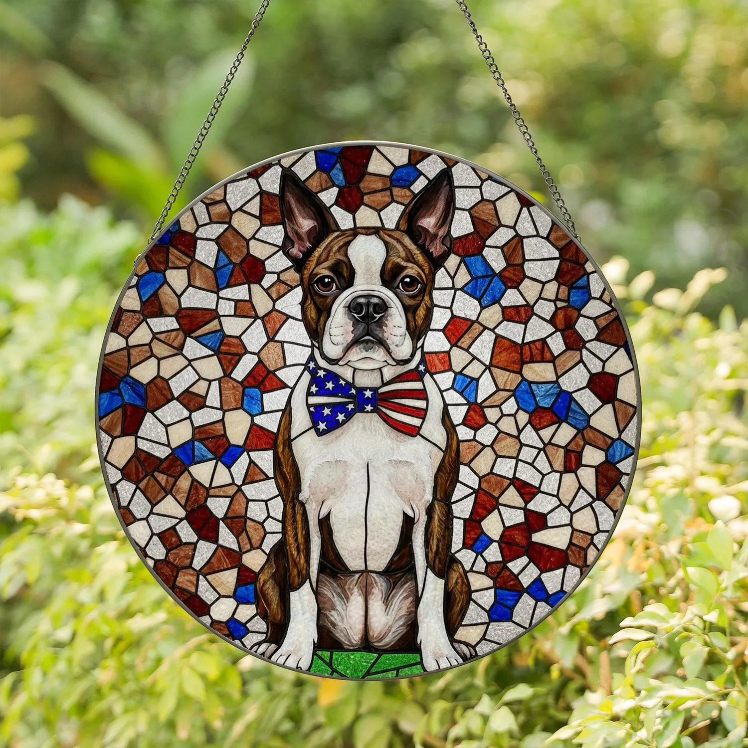 Patriotic Boston Terrier Brindle White Dog Stained Glass Mosaic - USA Dog Lover Gift Stained Glass Suncatcher - 1