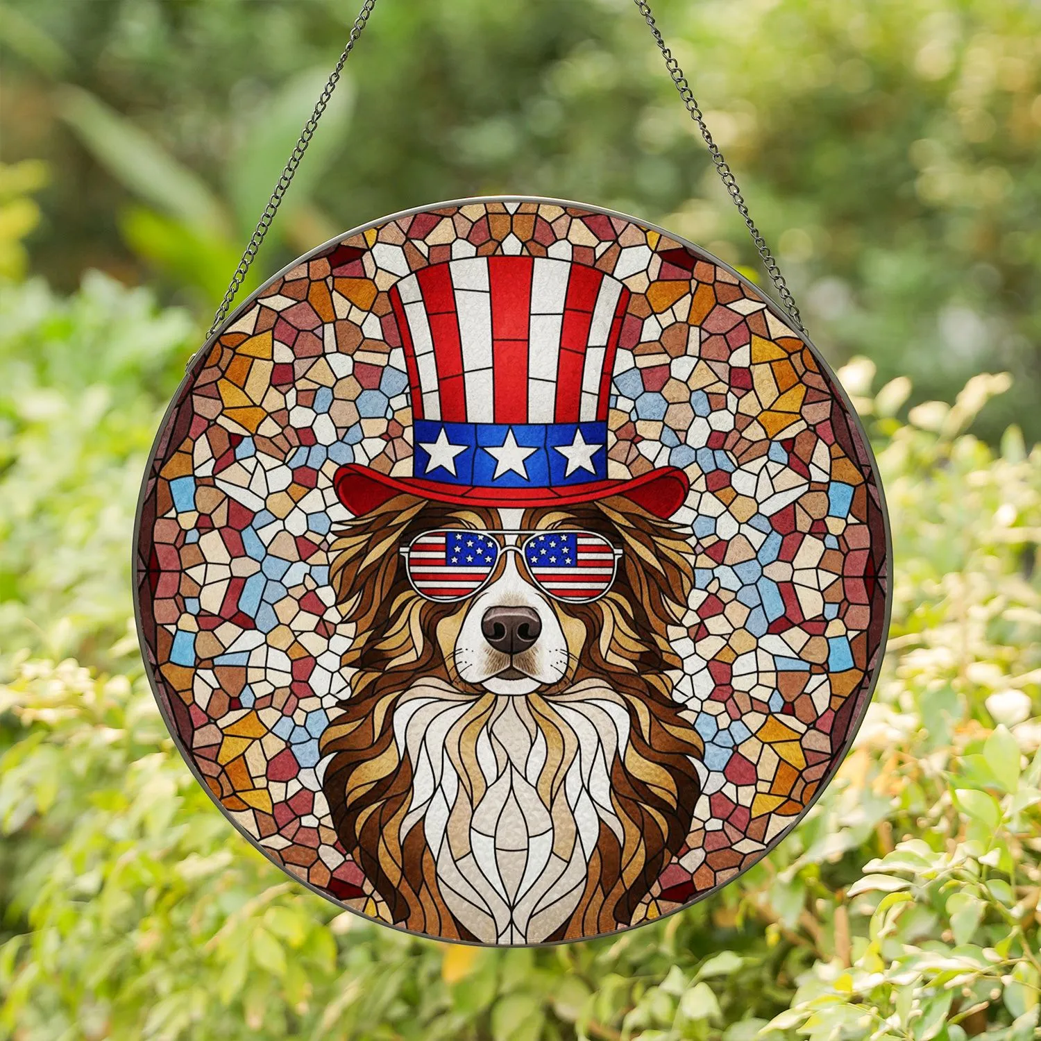 Stained Glass Uncle Sam Dog American Flag Sunglasses - Patriotic 4th of July Gift Stained Glass Suncatcher - 1