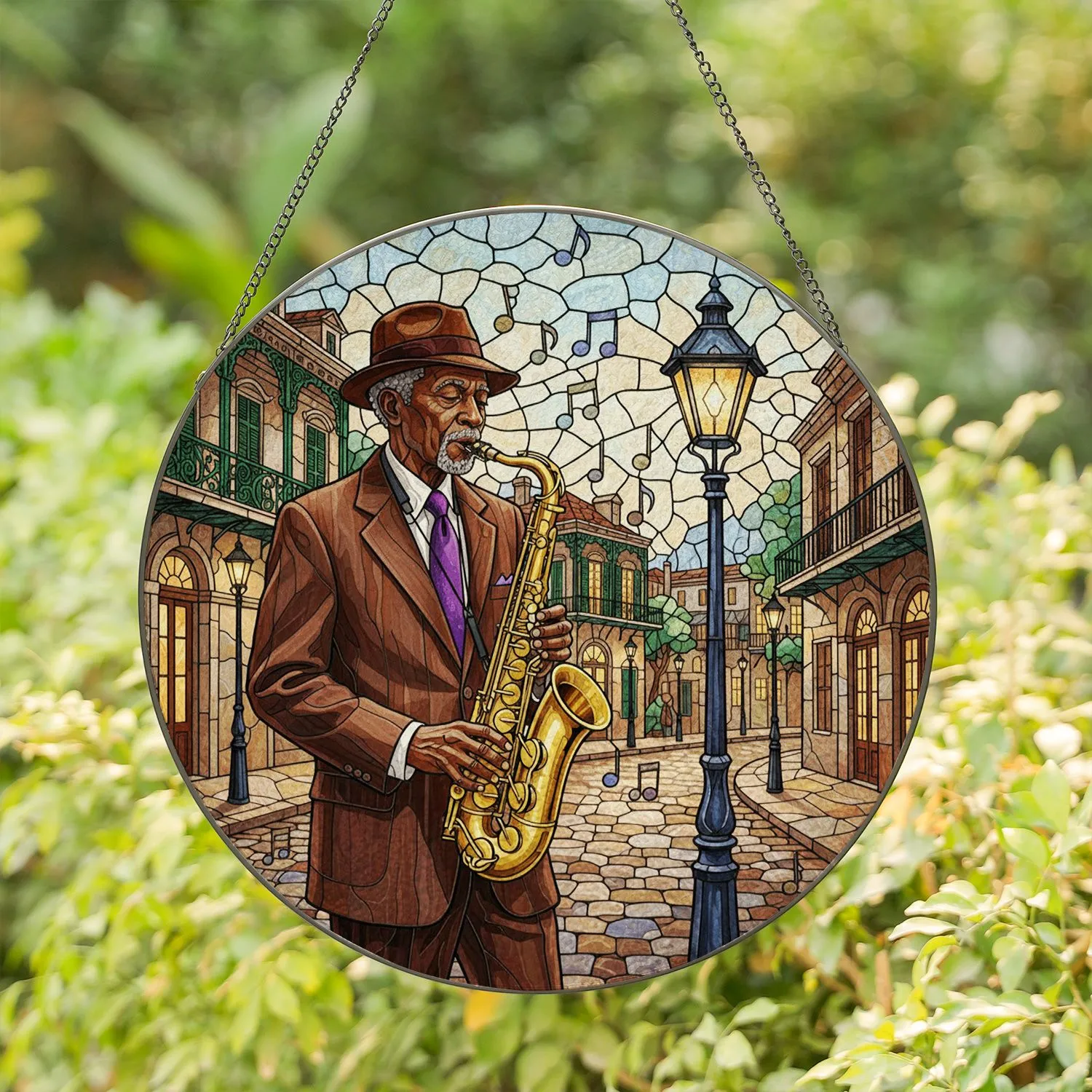 African American Jazz Musician Saxophone - Tiffany Style Old World City Street Stained Glass Stained Glass Suncatcher - 1