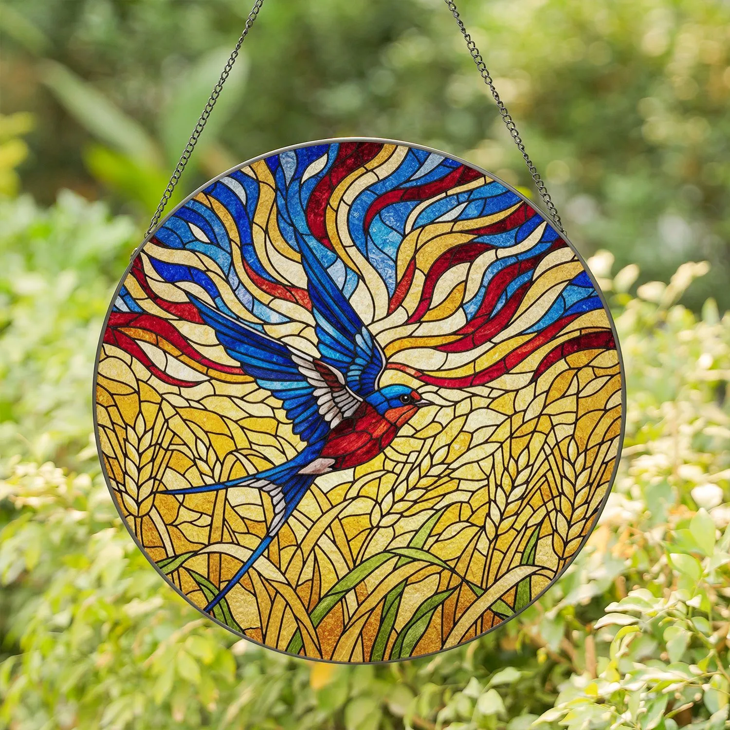 Highly Detailed Blue Red Barn Swallow Golden Wheat Tiffany Stained Glass Mosaic Art Stained Glass Suncatcher - 1