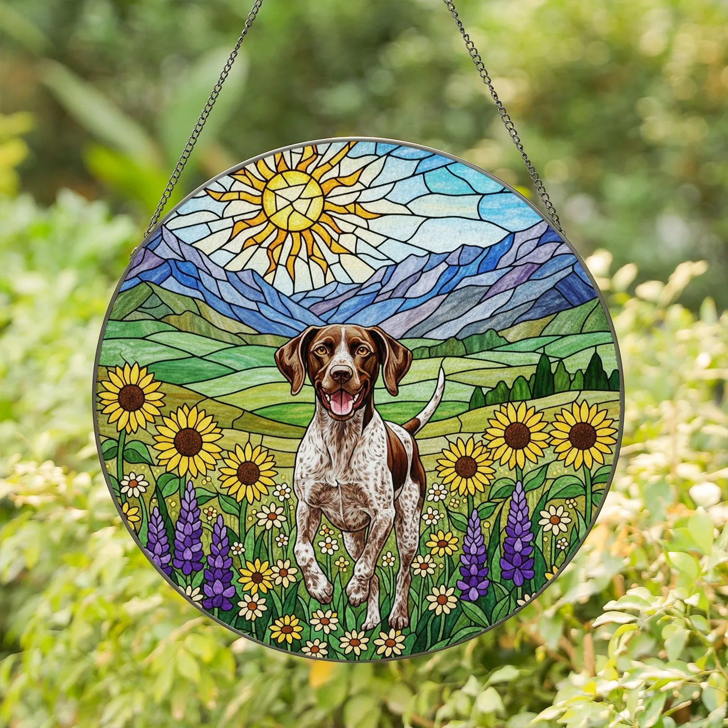 German Shorthaired Pointer Trotting Dog Sunflowers Mountains Tiffany Glass Jewel Tone Gift Stained Glass Suncatcher - 1