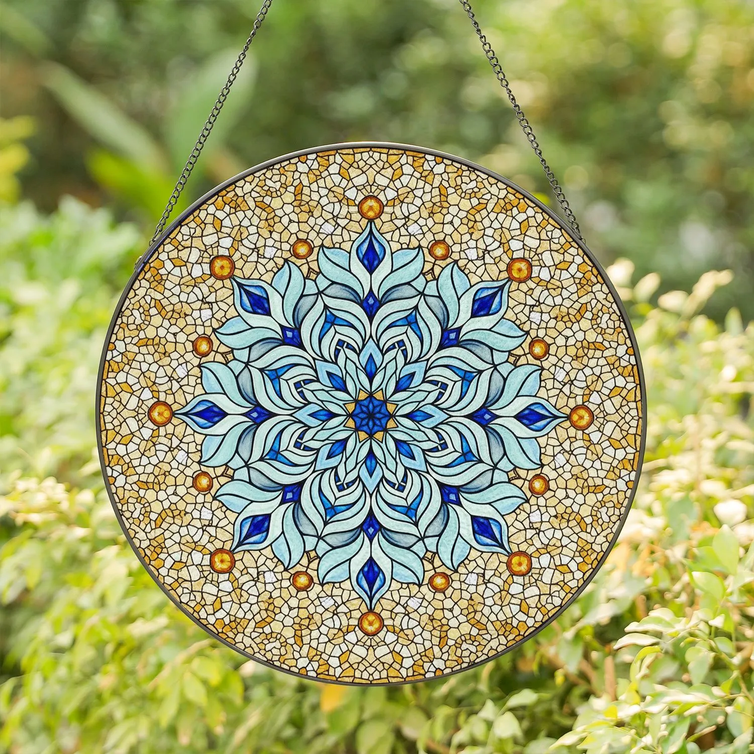 Tiffany Stained Glass Snowflake Mandala - Icy Blue Sapphire Amber Window Decor Stained Glass Suncatcher - 1