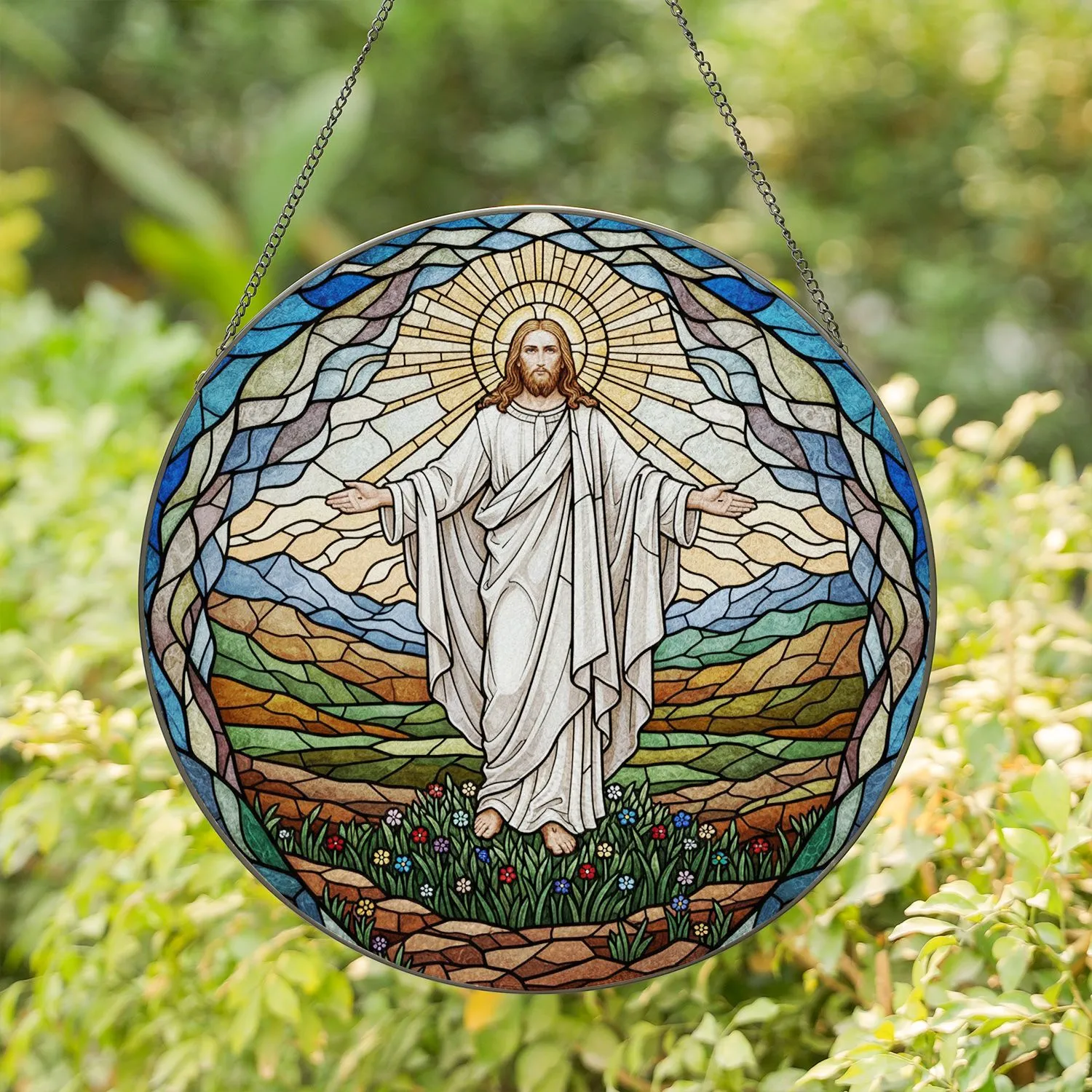 Jesus Christ Tiffany Style Stained Glass Sunburst Halo - Religious Christian Home Decor Stained Glass Suncatcher - 1