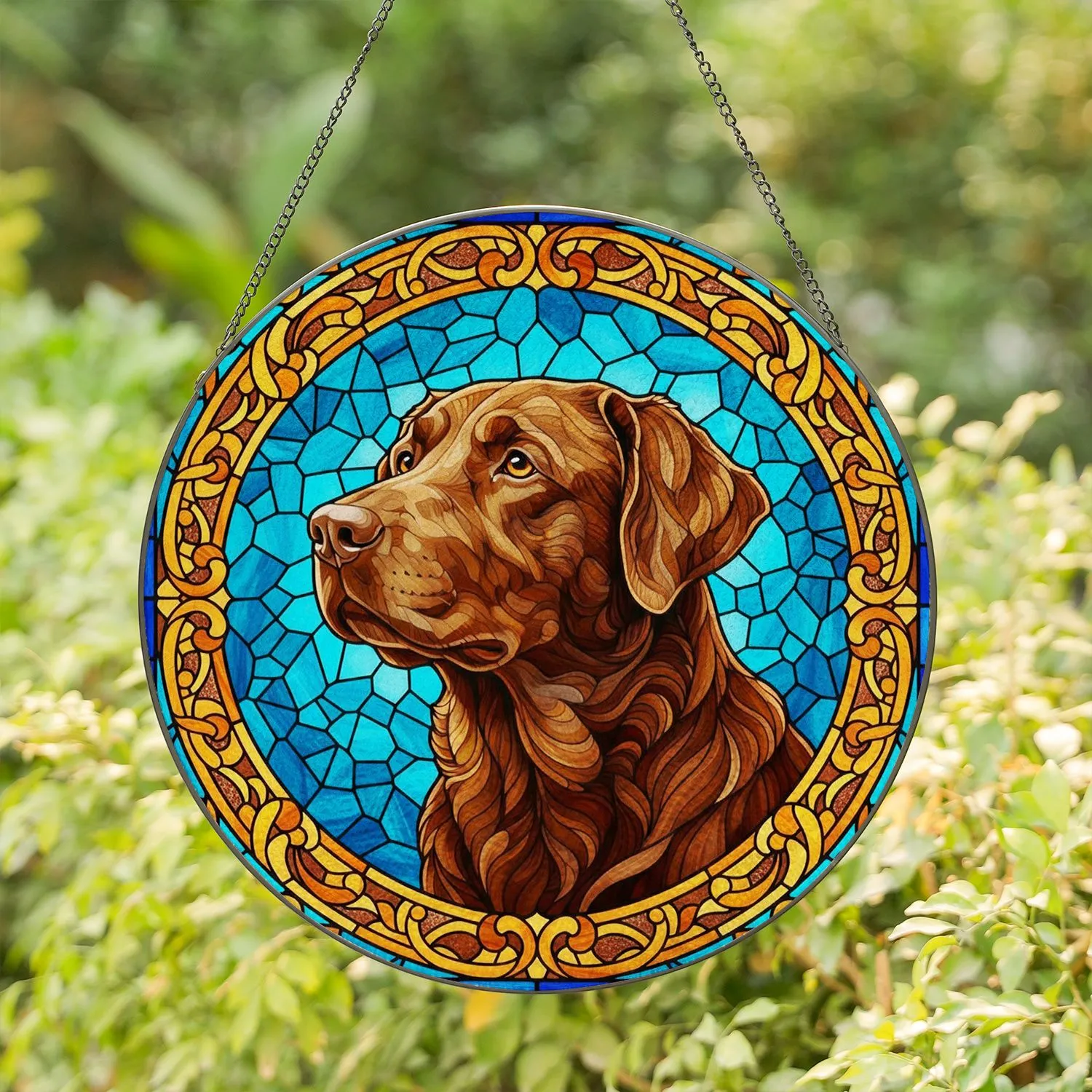 Chocolate Labrador Retriever Stained Glass Dog Art - Tiffany Style Ornate Blue Mosaic Gift Stained Glass Suncatcher - 1