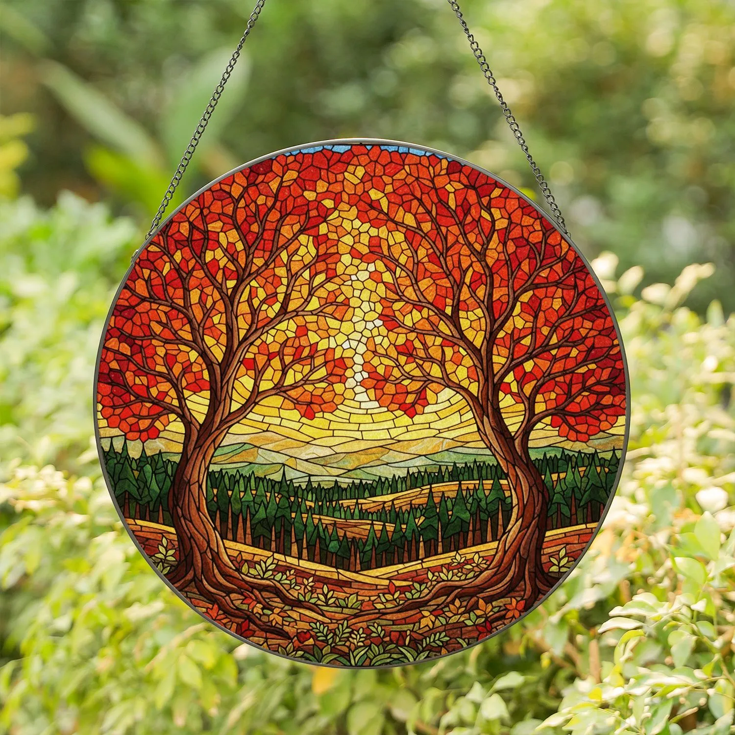Autumn Trees Red Orange Leaves Stained Glass Landscape - Forest Hills Nature Window Art Stained Glass Suncatcher - 1