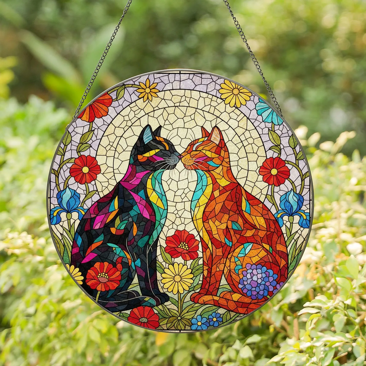 Mosaic Cats Nose-to-Nose Blooming Flowers - Tiffany Style Jewel Tones Crackled Background Gift Stained Glass Suncatcher - 1