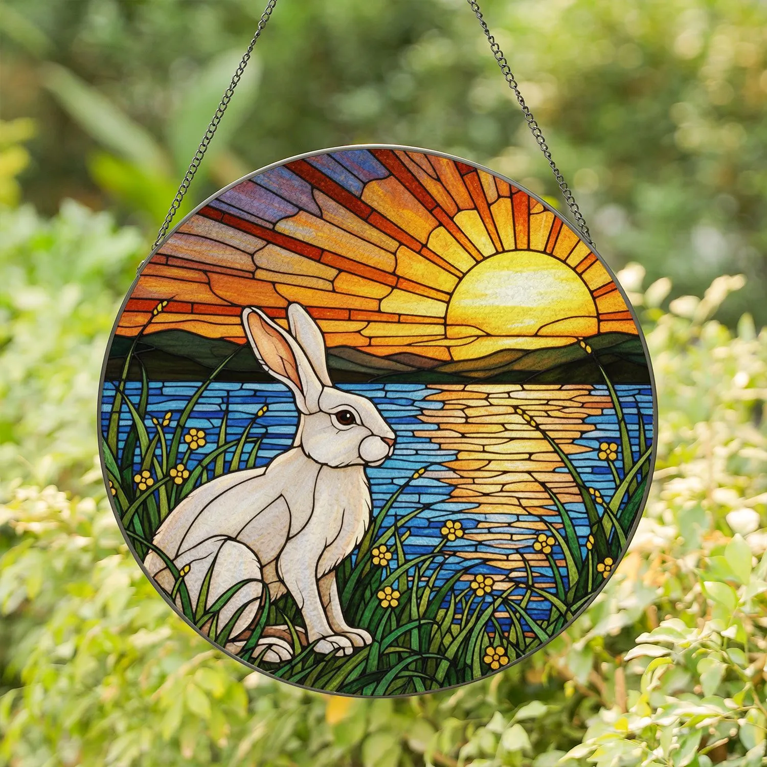 White Rabbit Sunset Stained Glass Mosaic - Tiffany Style Jewel Tone Marsh Landscape Art Stained Glass Suncatcher - 1