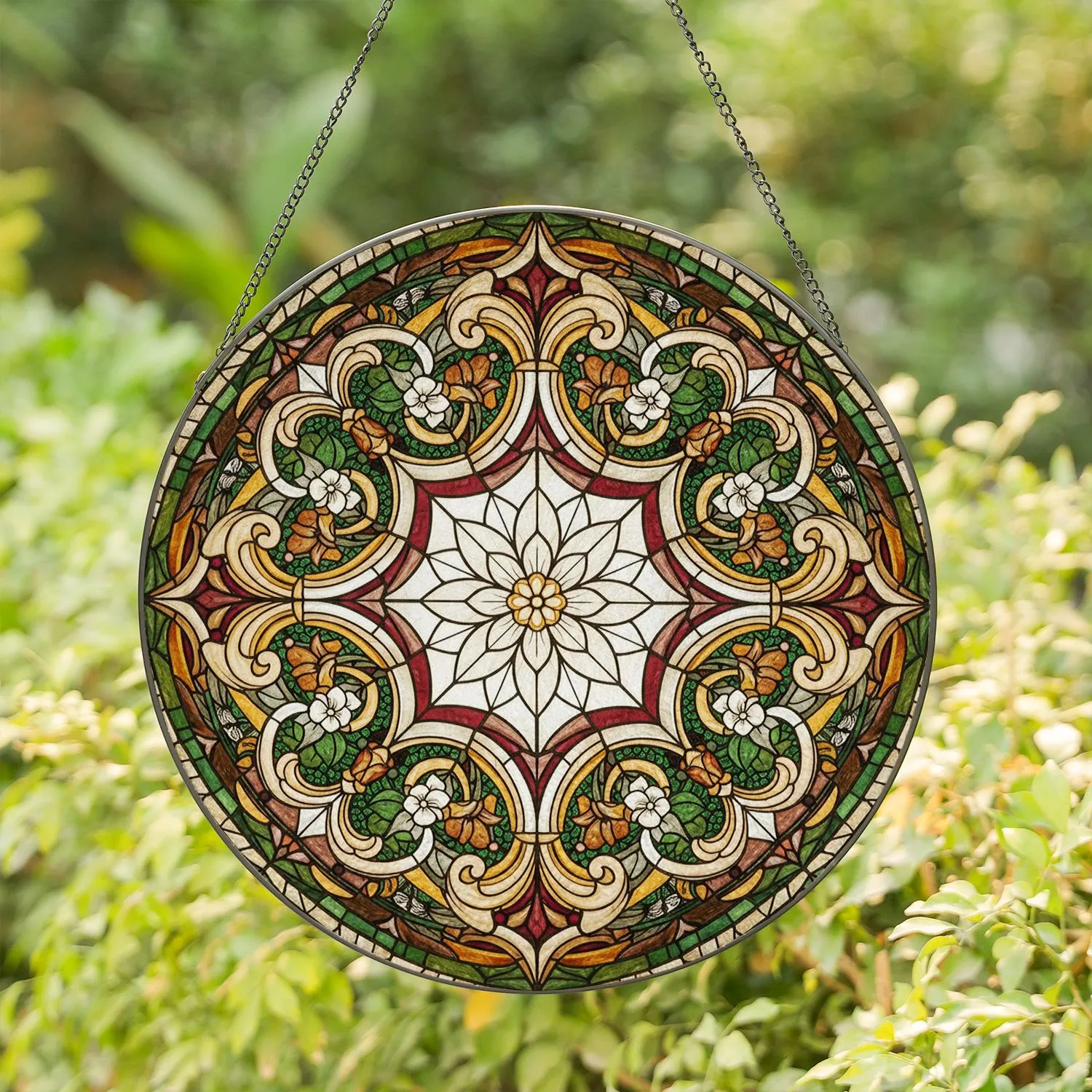 Tiffany Style Stained Glass Starburst Flower Medallion Floral Mosaic Botanical Jewel Tones Stained Glass Suncatcher - 1