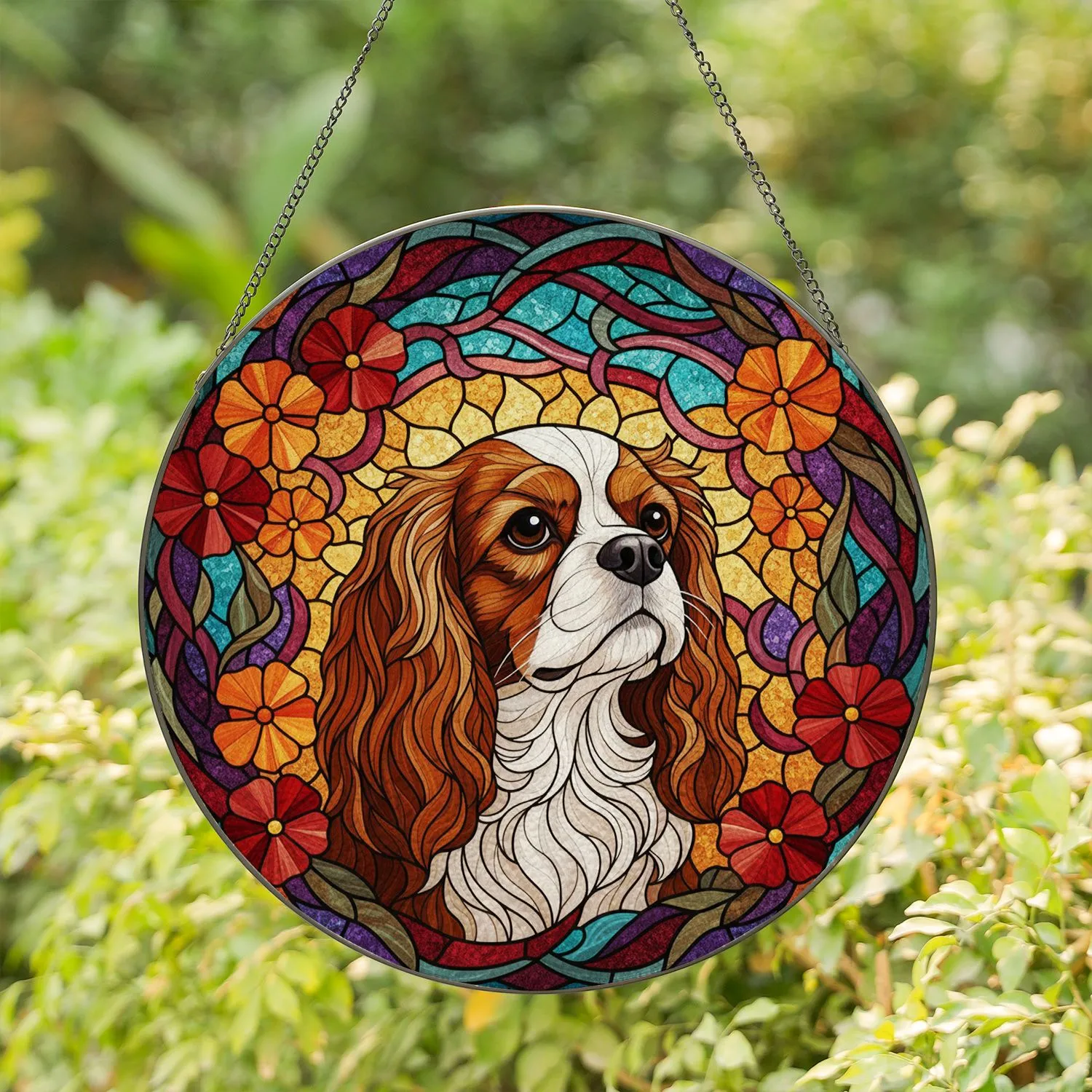 Cavalier King Charles Spaniel Stained Glass Floral Mosaic with Abstract Swirling Patterns Stained Glass Suncatcher - 1