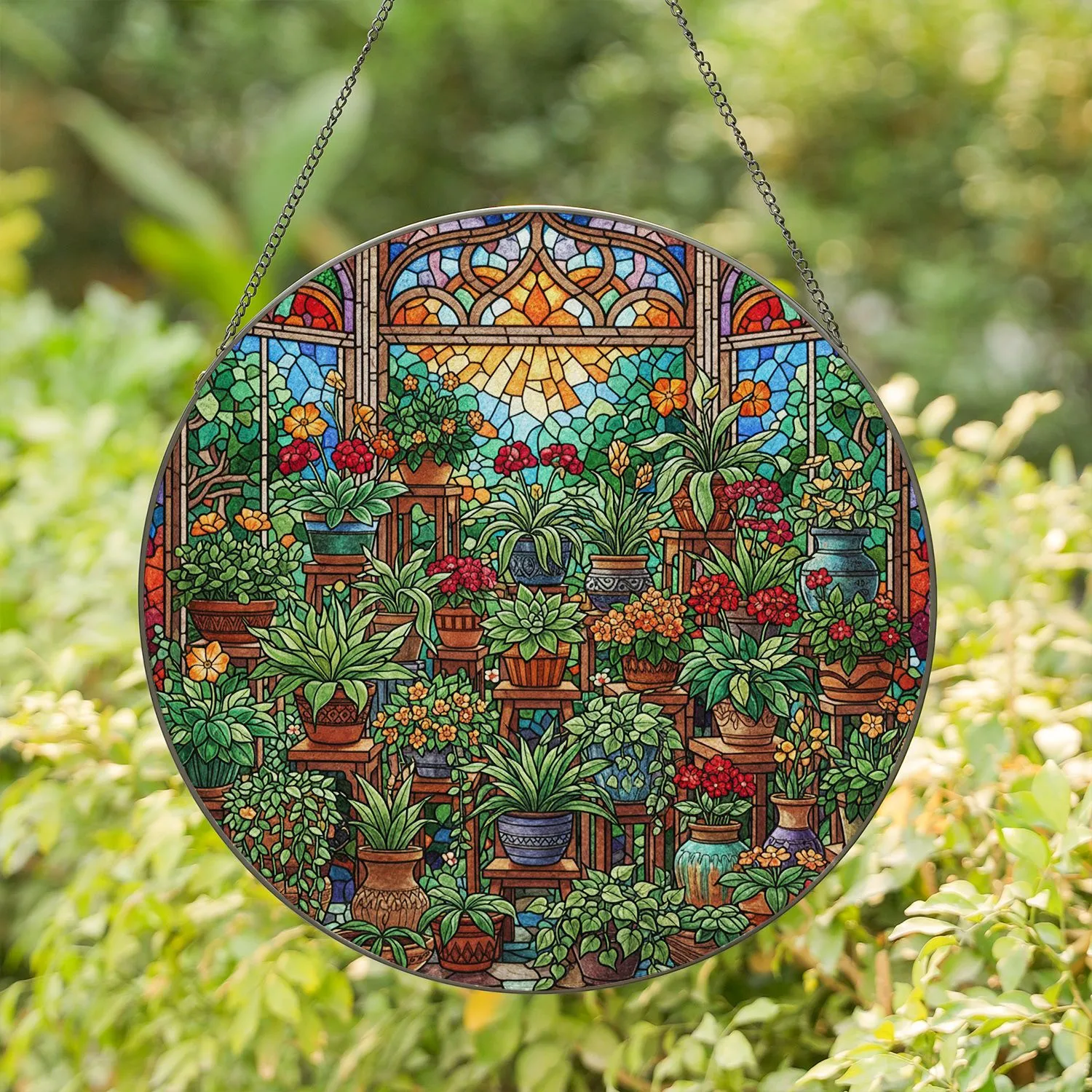 Tiffany Style Stained Glass Houseplants Window View - Jewel Tones Lush Garden Art Stained Glass Suncatcher - 1