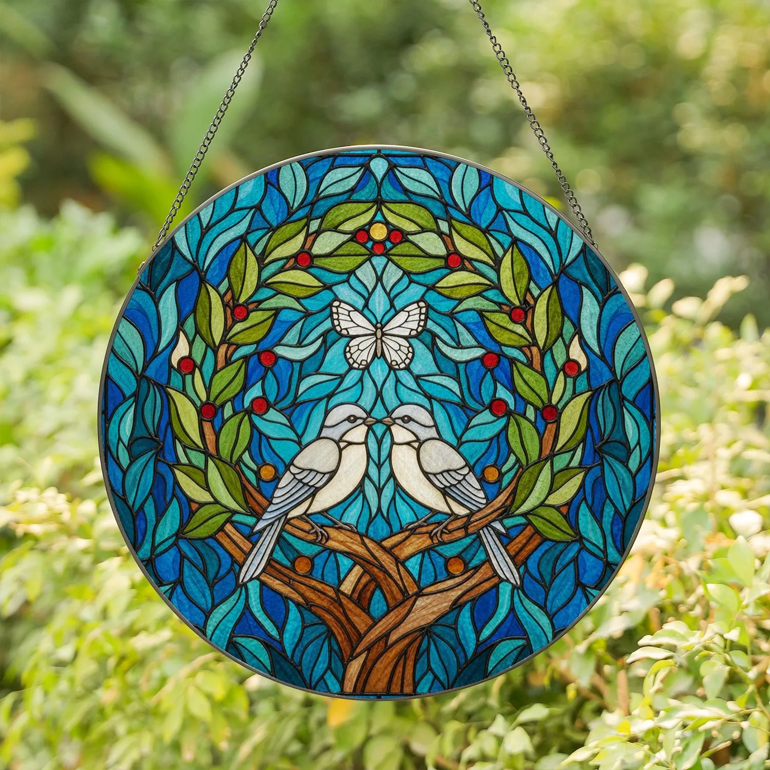 Tiffany Style Glass Two Birds Butterfly Tree Branch Leaves Berries Water Mosaic Art Stained Glass Suncatcher - 1