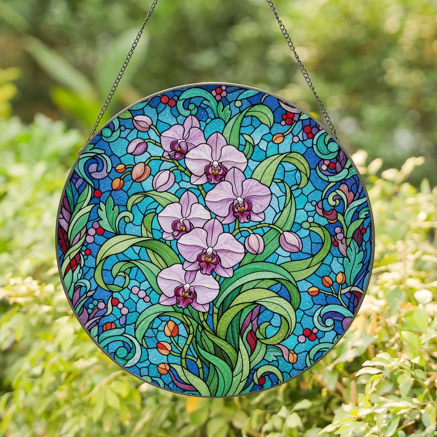 Cascading Orchid Stained Glass - Tiffany Style Jewel Tone Floral Mosaic Intricate Patterns Stained Glass Suncatcher - 1