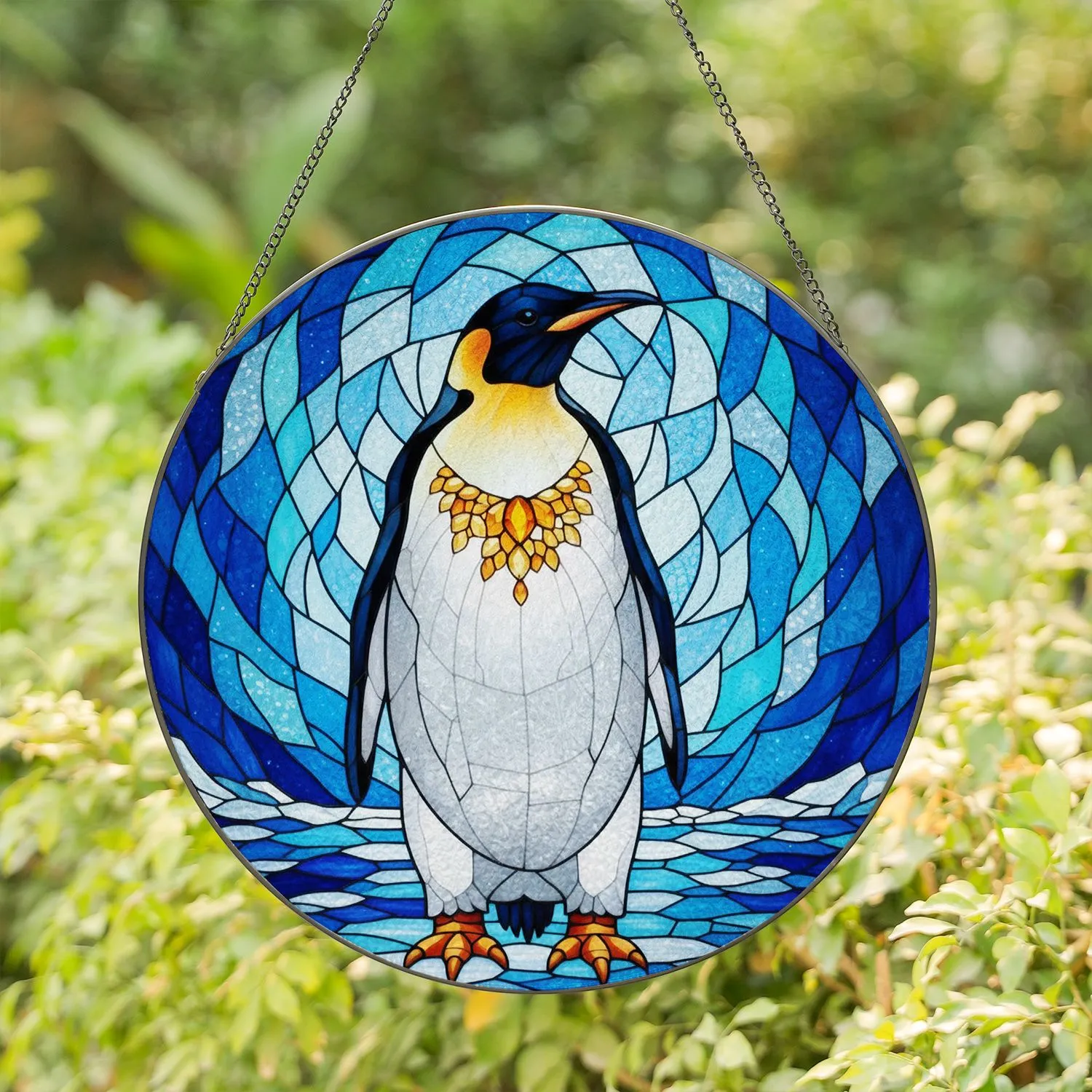 Emperor Penguin Black Orange Gold Chest Stained Glass - Tiffany Icy Water Mosaic Stained Glass Suncatcher - 1