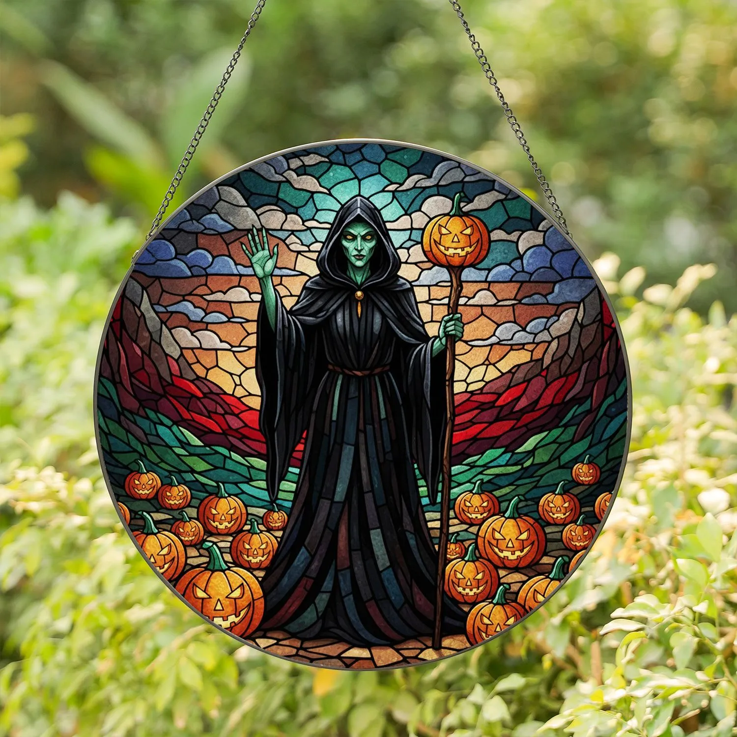 Spooky Witch Jack-O'-Lanterns Tiffany Style Stained Glass Art - Halloween Decor Gift For Her Stained Glass Suncatcher - 1