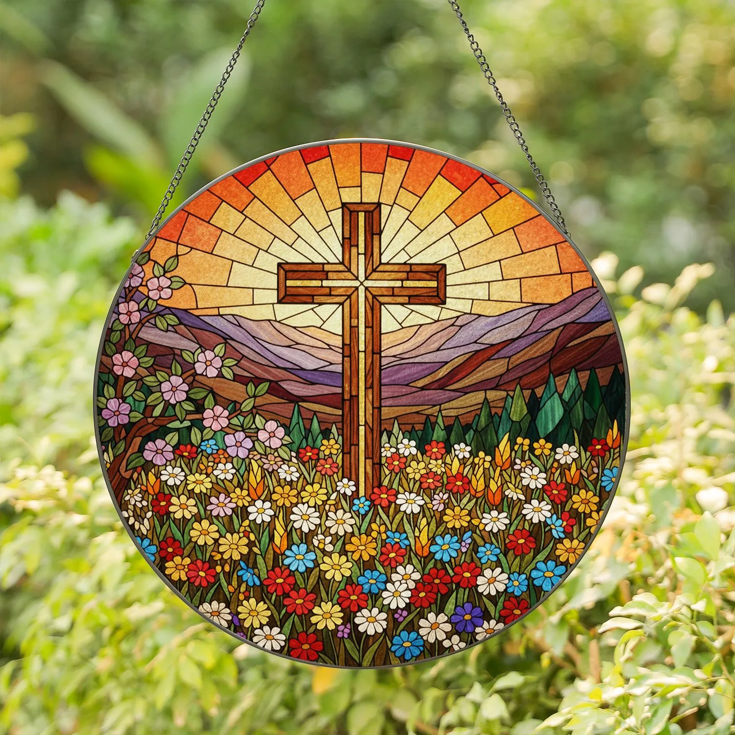 Rugged Wooden Cross Wildflower Meadow Sunset Mountains - Glowing Tiffany Stained Glass Stained Glass Suncatcher - 1