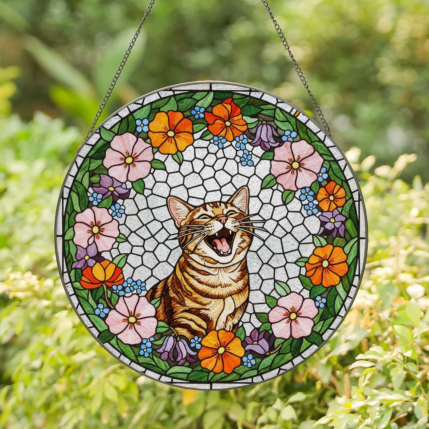 Tabby Cat Floral Stained Glass Wreath - Tiffany Style Molly Personalized Home Decor Gift Stained Glass Suncatcher - 1