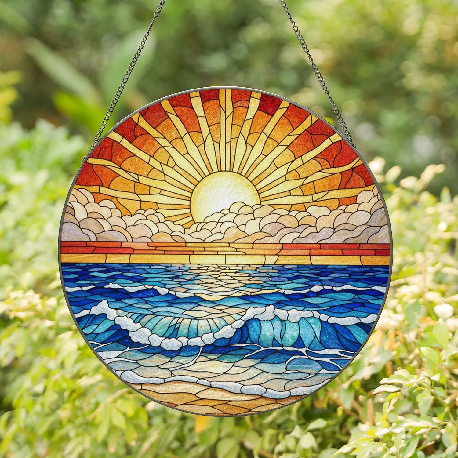 Radiant Sun Clouds Ocean Beach Seascape - Tiffany Stained Glass Sunrise Sunset Art Stained Glass Suncatcher - 1