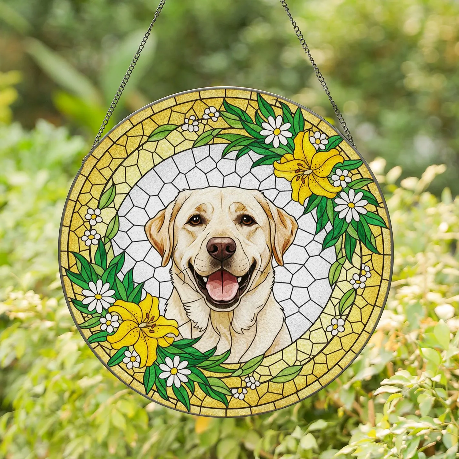 Stained Glass Labrador Retriever Dog with Lilies & Daisies Floral Frame Tiffany Mosaic Art Stained Glass Suncatcher - 1