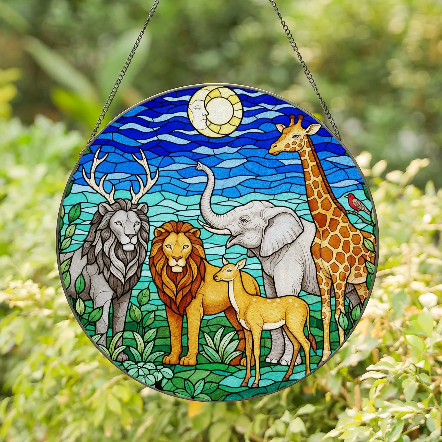 Stained Glass Wildlife Gathering Tiffany Style - Lion Elephant Deer Giraffe Bird Harmony Art Stained Glass Suncatcher - 1