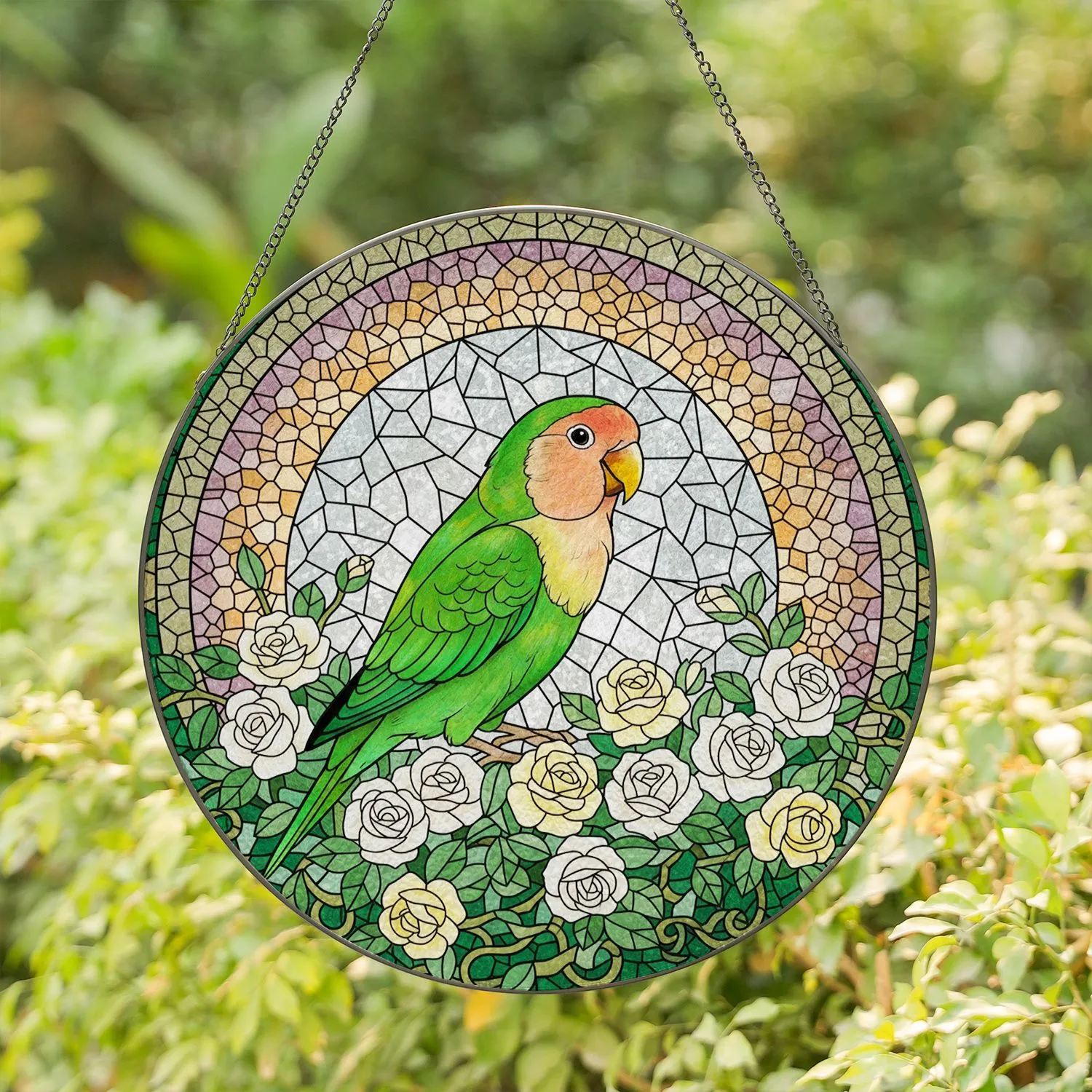 Green Lovebird Stained Glass Roses Mosaic - Tiffany Style Jewel Tones Home Decor Gift Stained Glass Suncatcher - 1