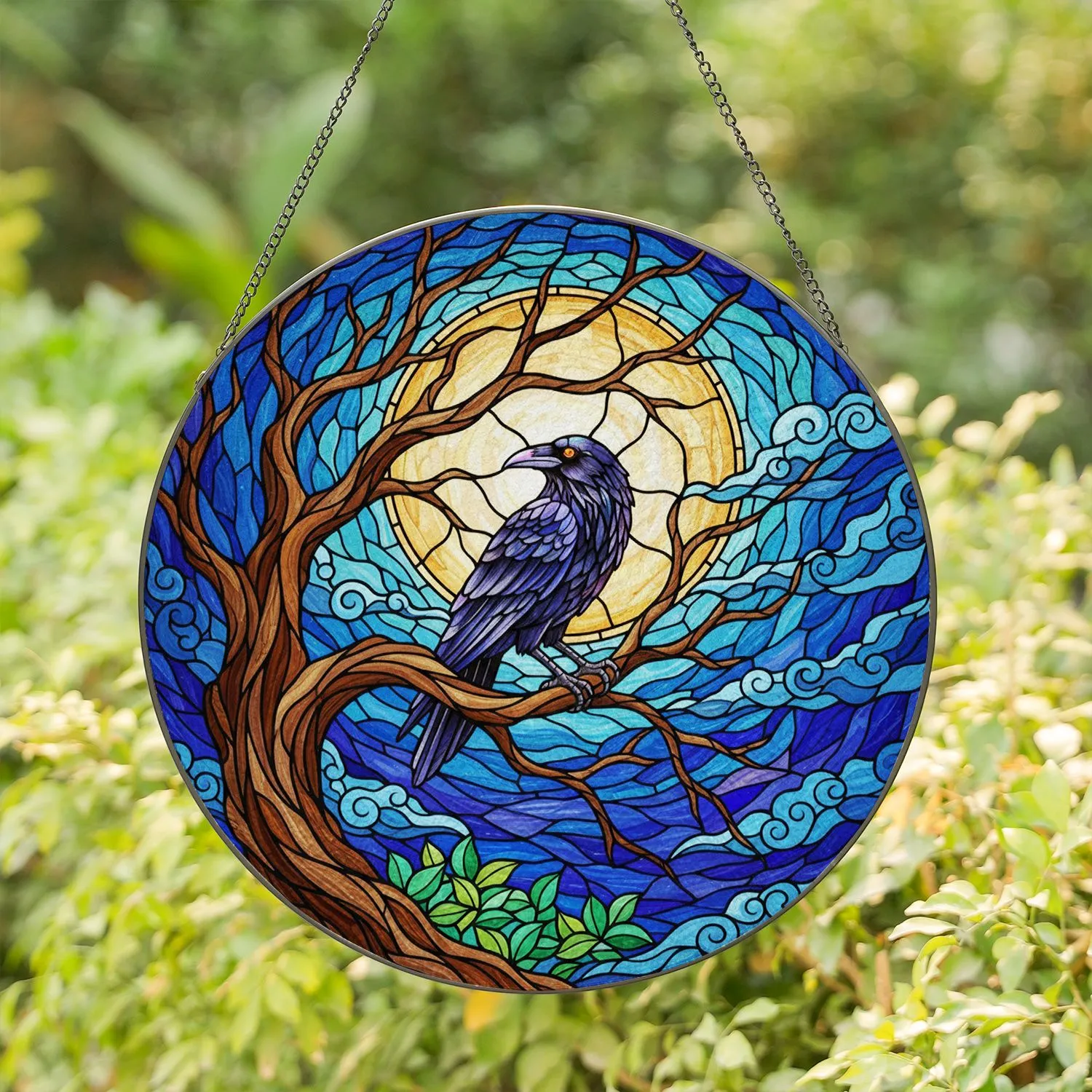 Iridescent Black Raven Full Moon Stained Glass - Tiffany Style Tree Branch Decor Art Stained Glass Suncatcher - 1