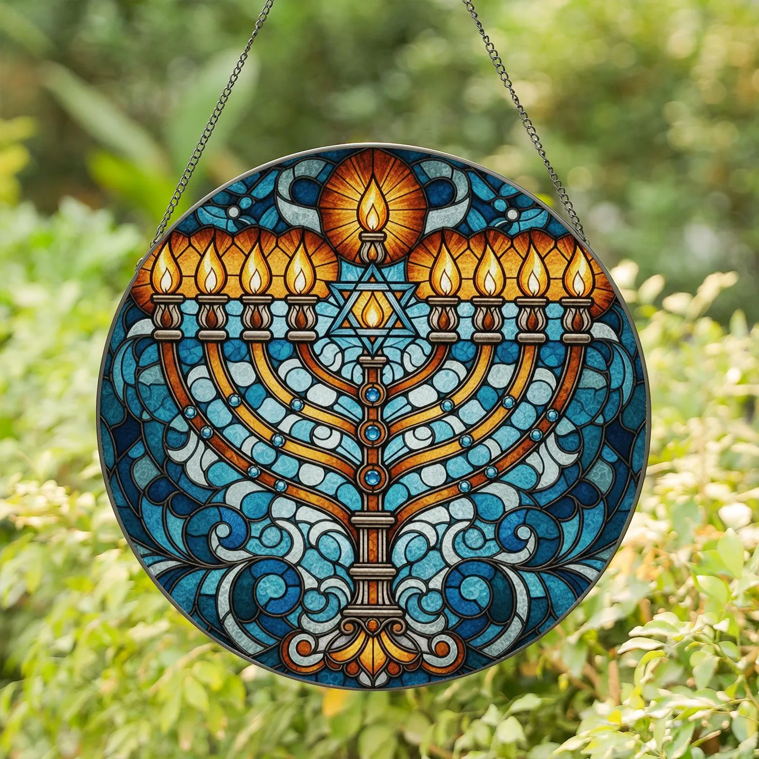 Chanukah Menorah Star of David Stained Glass Tiffany Mosaic - Jewish Festival Gift Stained Glass Suncatcher - 1