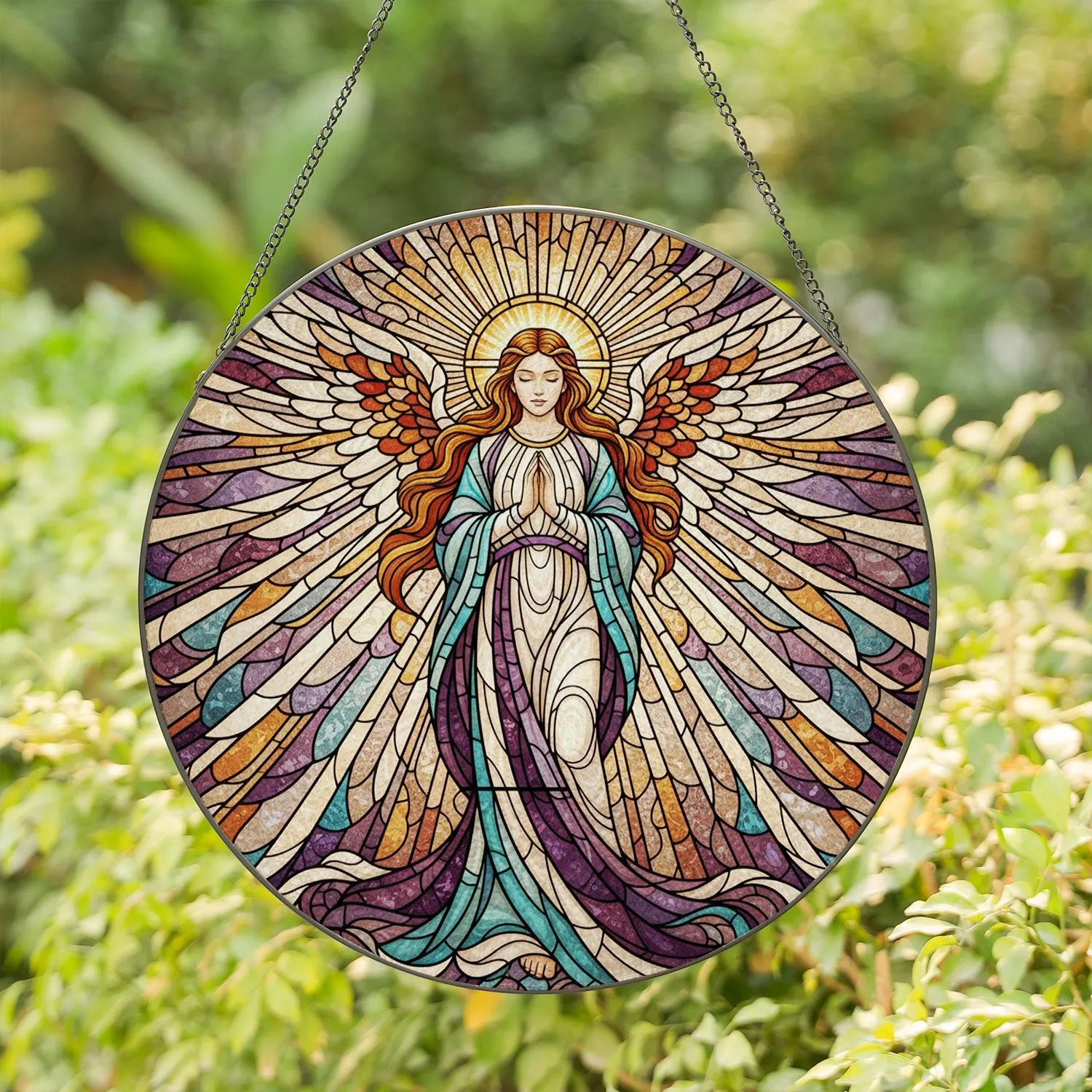 Praying Angel Stained Glass Art - Celestial Mosaic Sunrays Divine Home Decor Gift Stained Glass Suncatcher - 1
