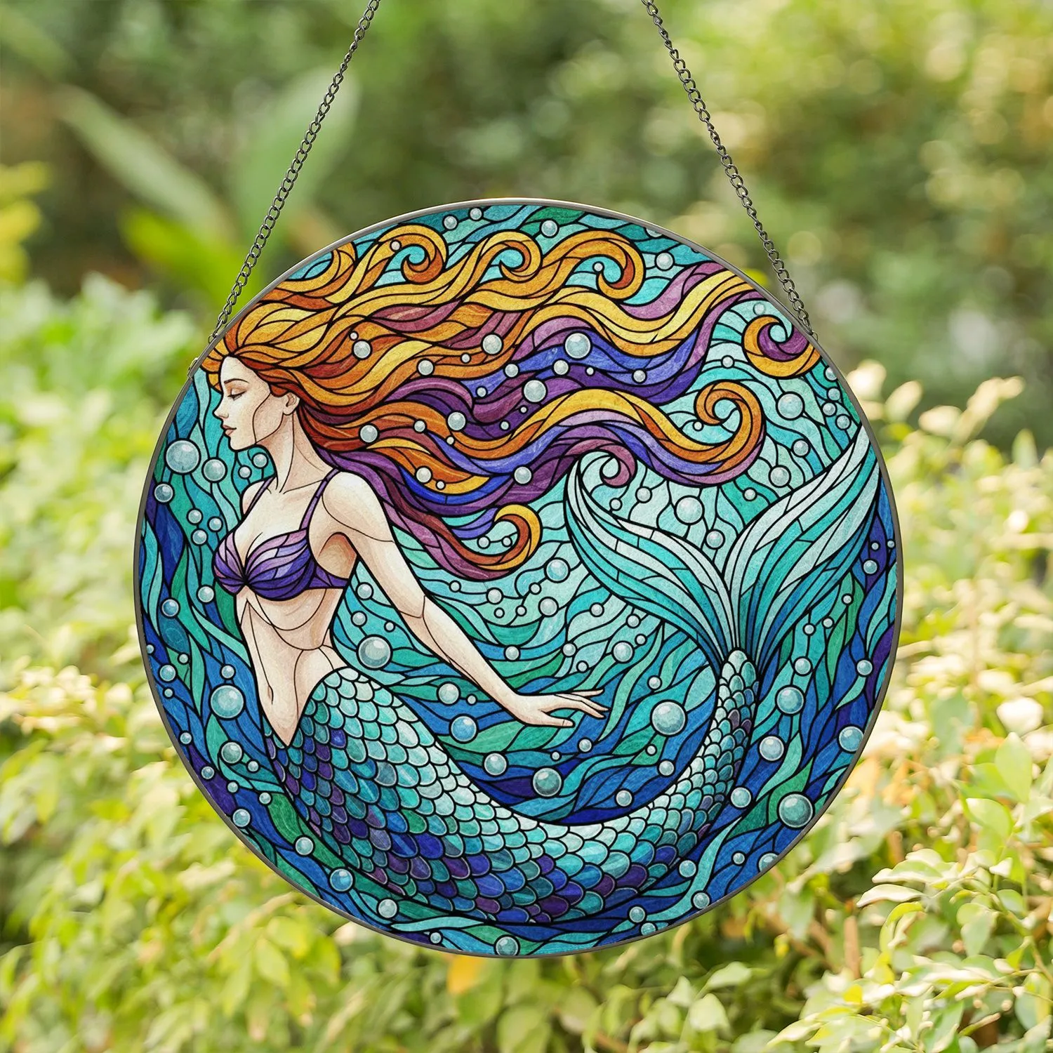 Mermaid Stained Glass Tiffany Ocean Currents Art - Intricate Aquatic Mosaic Design Stained Glass Suncatcher - 1