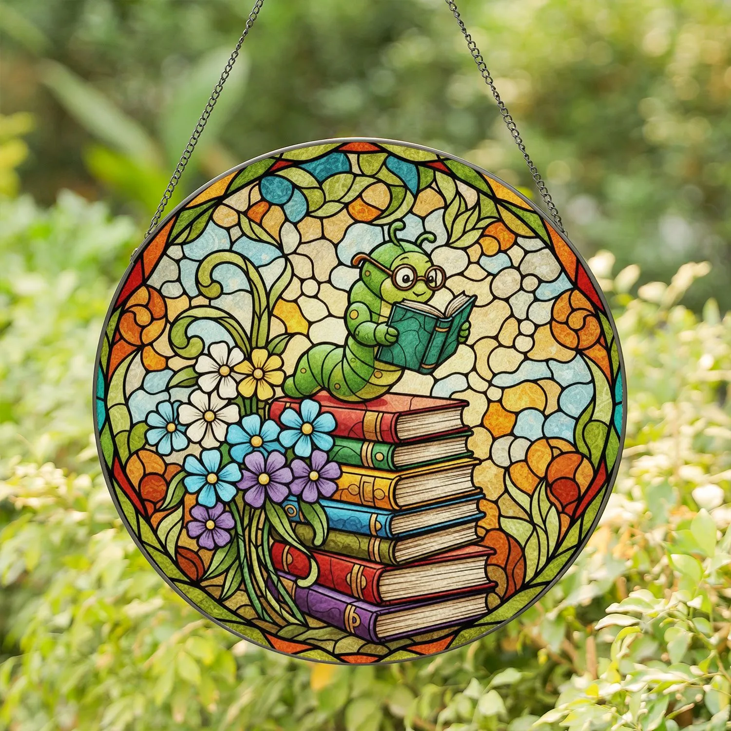Green Worm Reading Books on Stack - Tiffany Stained Glass Flowers - Book Lover Student Gift Stained Glass Suncatcher - 1