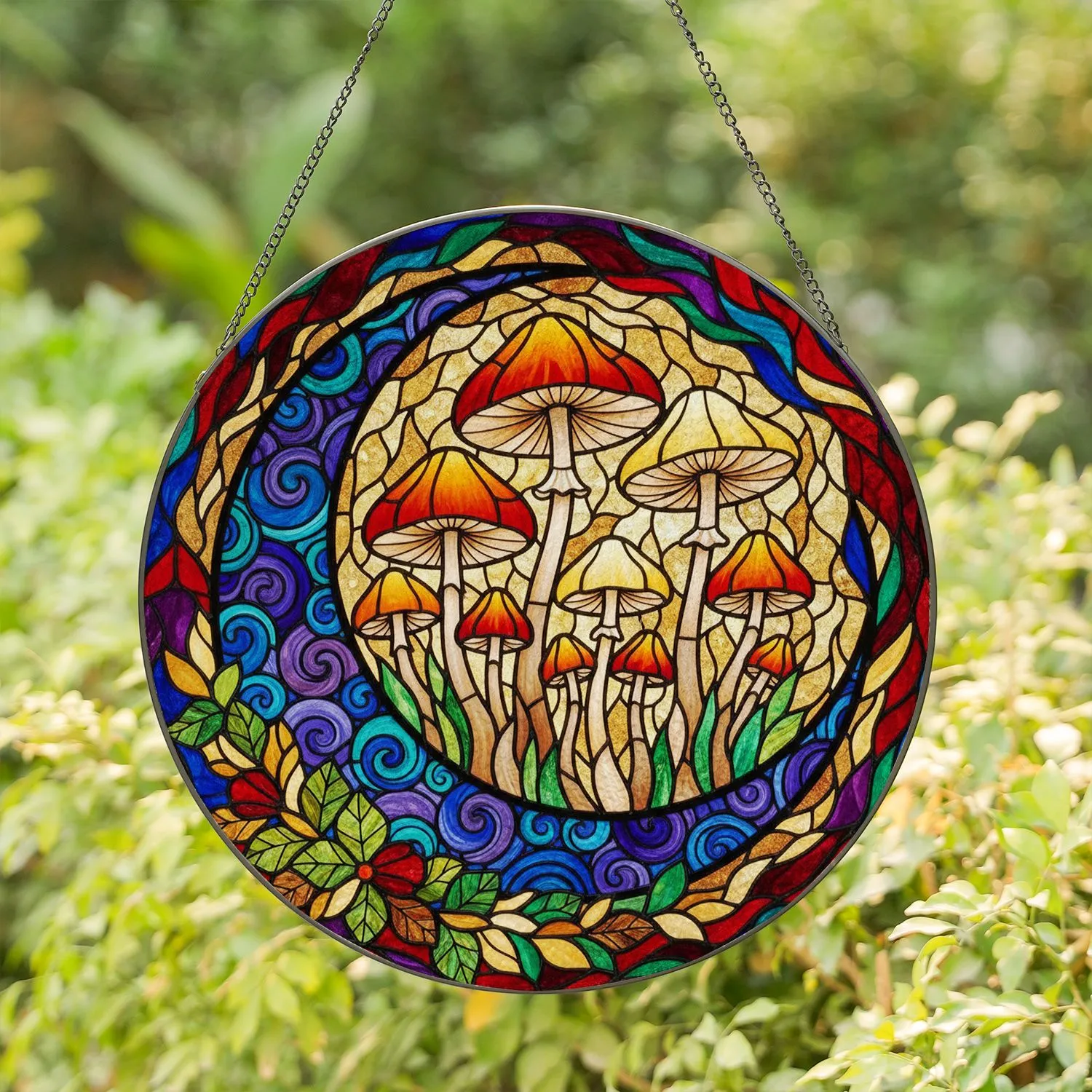 Mushroom Crescent Moon Stained Glass Art - Intricate Tiffany Style Jewel Tones Stained Glass Suncatcher - 1