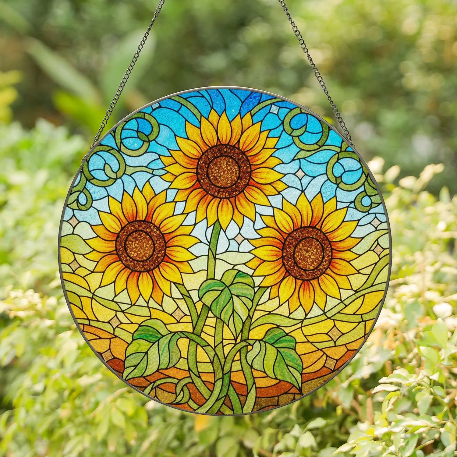 Tiffany Stained Glass Sunflower Mosaic - Swirling Sky Field Nature Window Art Gift Stained Glass Suncatcher - 1