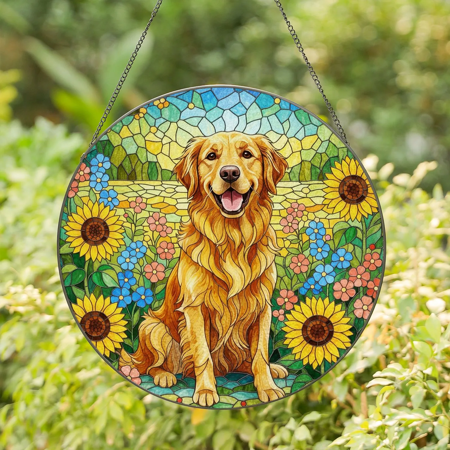Golden Retriever Dog Stained Glass Tiffany Style Art Sunflowers & Colorful Flowers Mosaic Decor Stained Glass Suncatcher - 1
