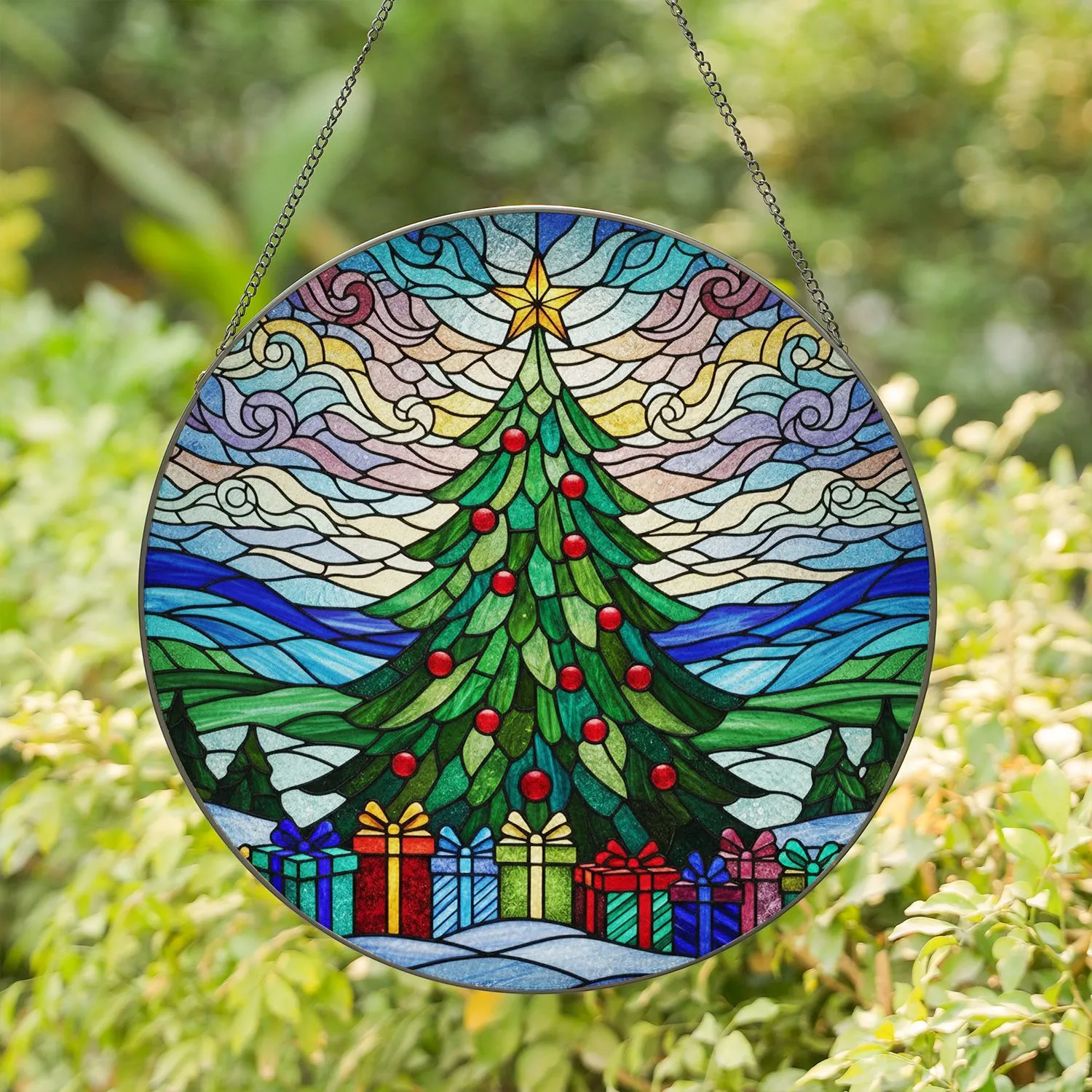 Vibrantly Decorated Christmas Tree Presents Winter Landscape - Tiffany Glass Holiday Decor Stained Glass Suncatcher - 1
