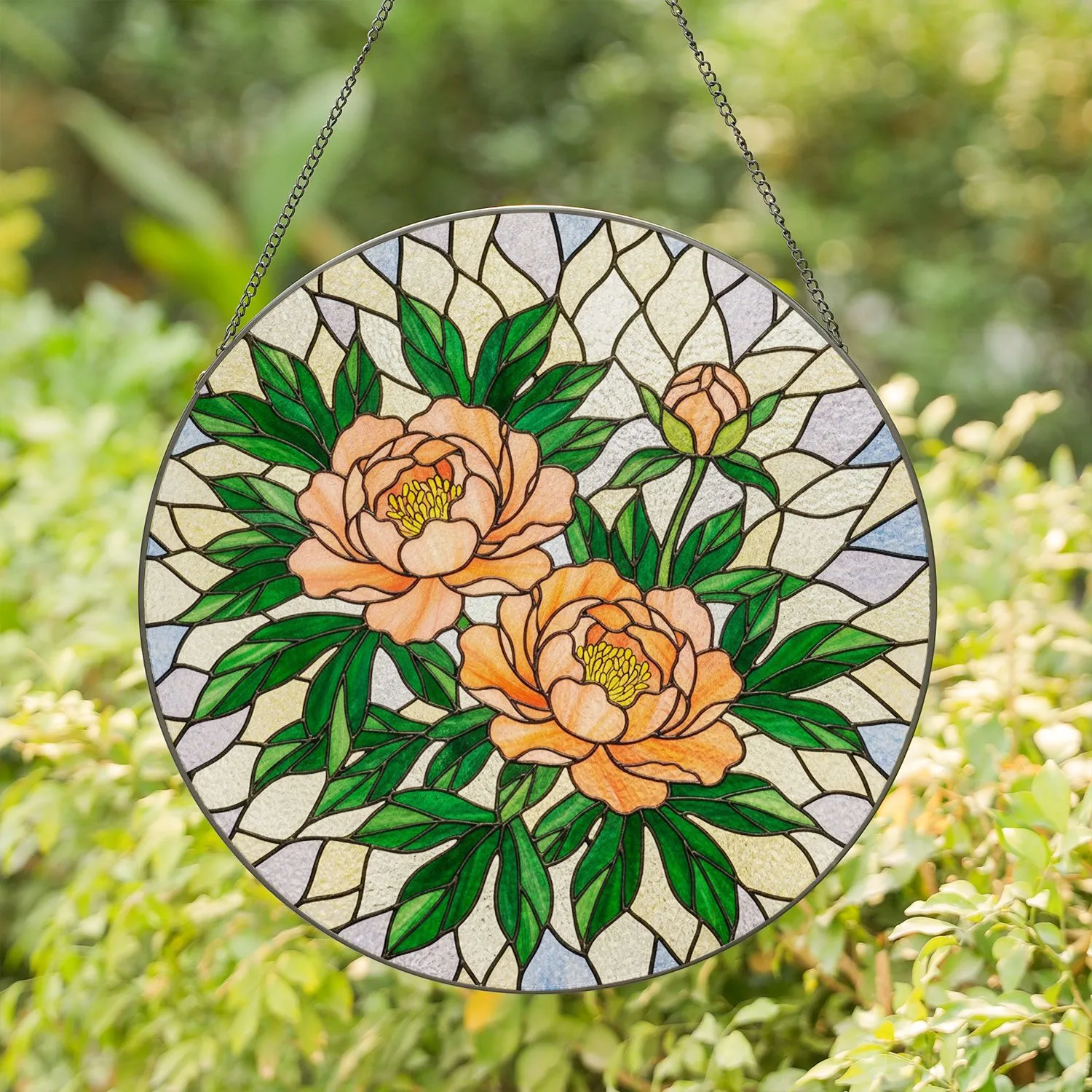 Peach Orange Peony Flowers Stained Glass Art - Tiffany Style Mosaic Floral Home Decor Gift Stained Glass Suncatcher - 1