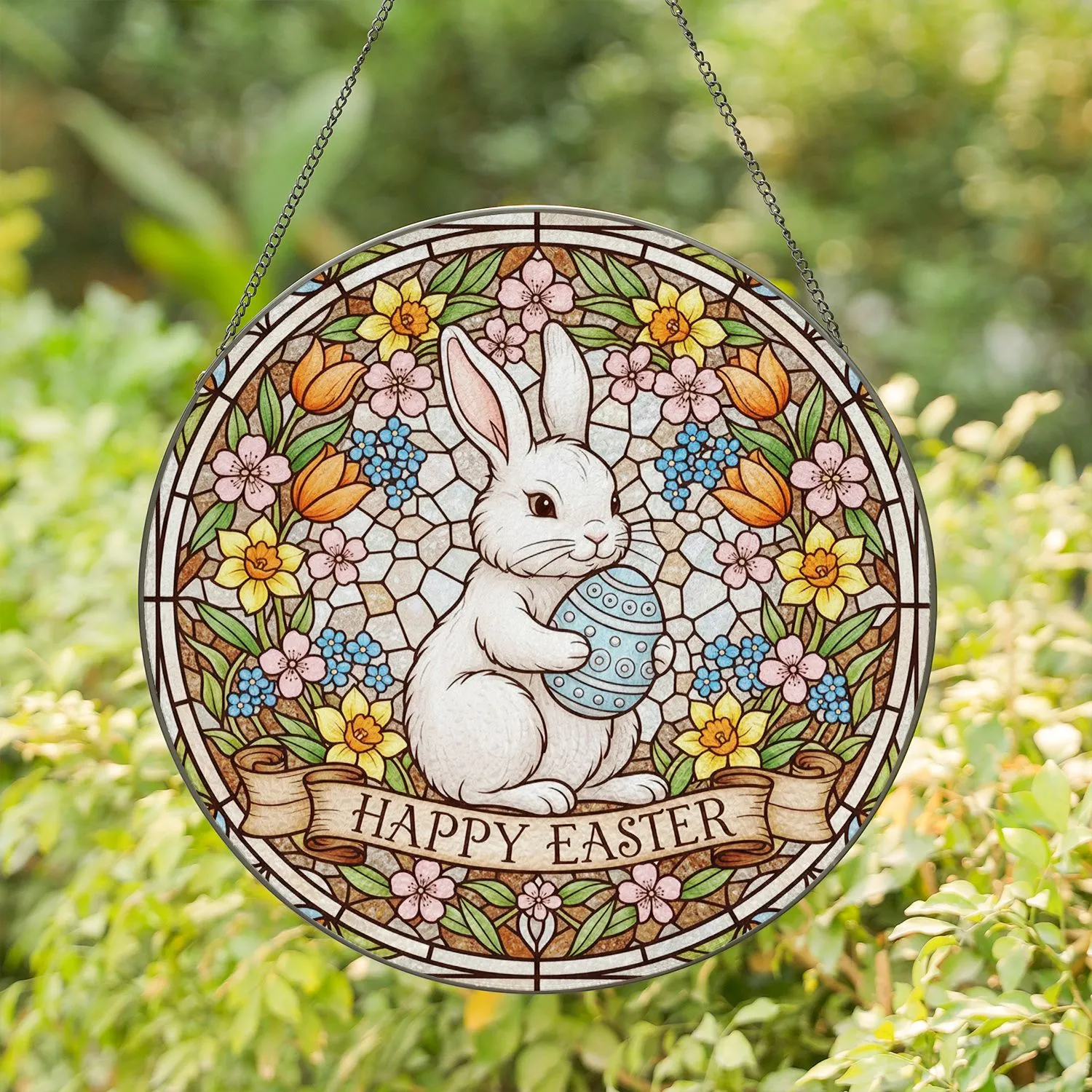 Rabbit Easter Egg Spring Flowers Tiffany Mosaic Sparkling Art - Easter Spring Decor Gift Stained Glass Suncatcher - 1