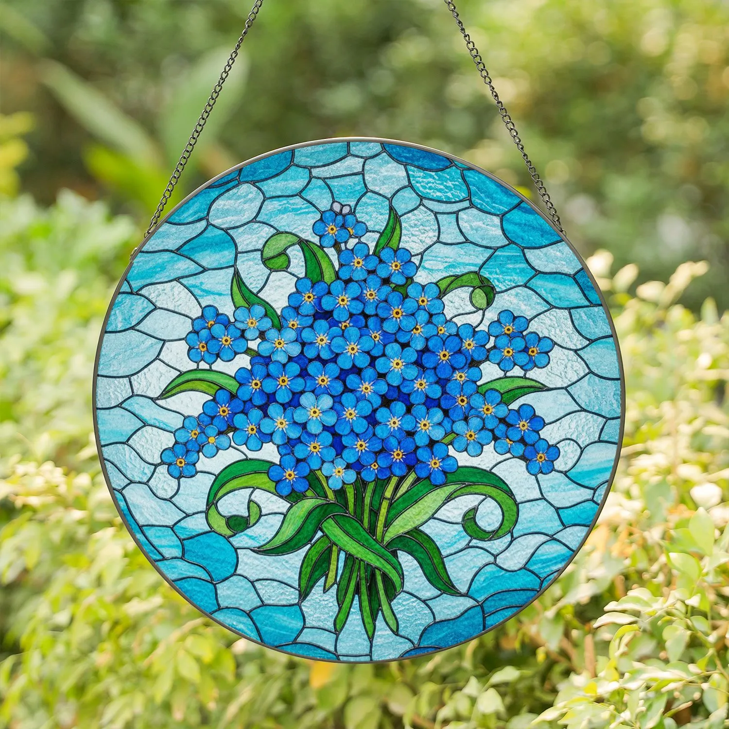 Blue Forget-Me-Not Bouquet with Green Leaves - Tiffany Stained Glass Mosaic Decor Stained Glass Suncatcher - 1